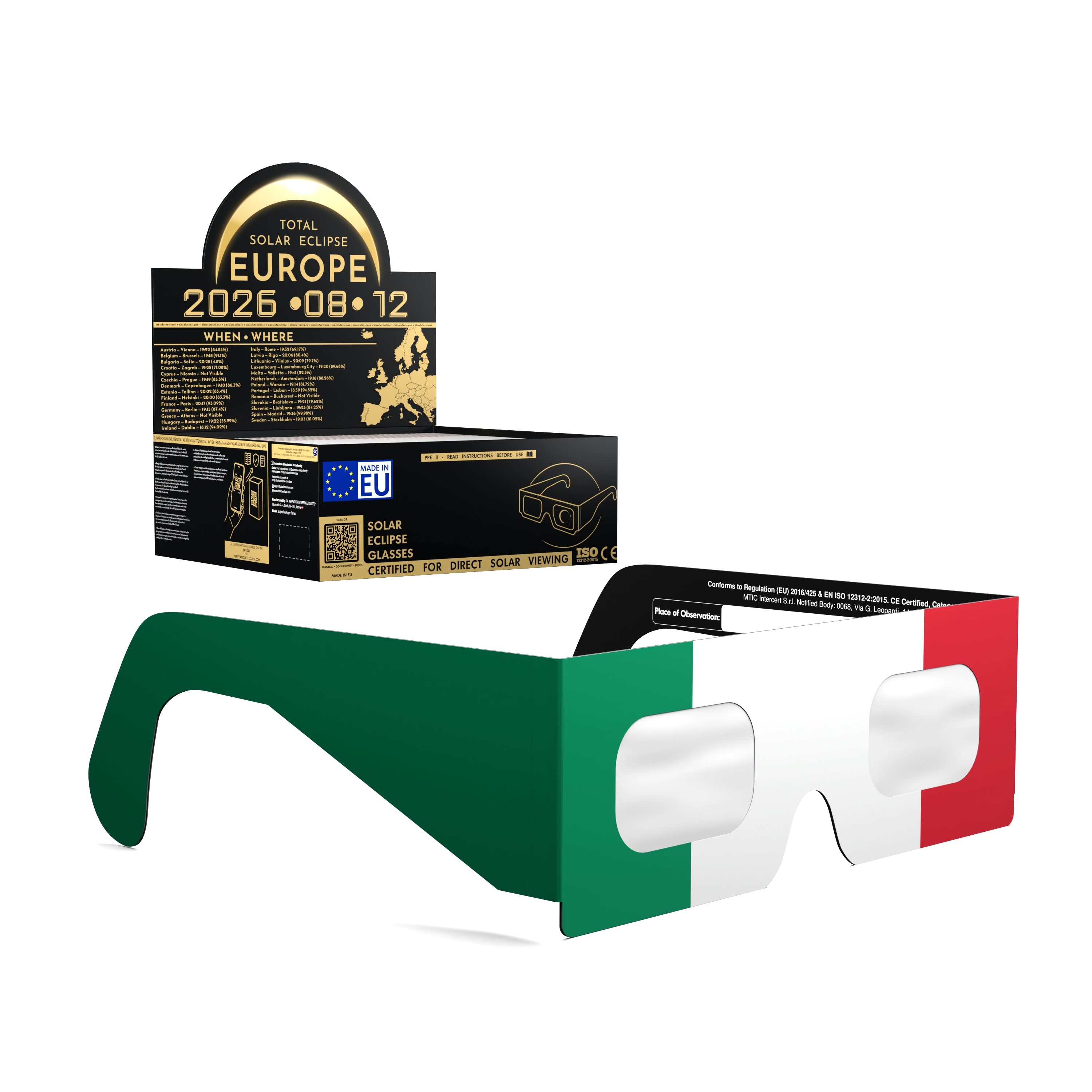 Solar Eclipse Glasses with IT design, CE Certified and ISO Compliant - Packaging Image of 50-Pack