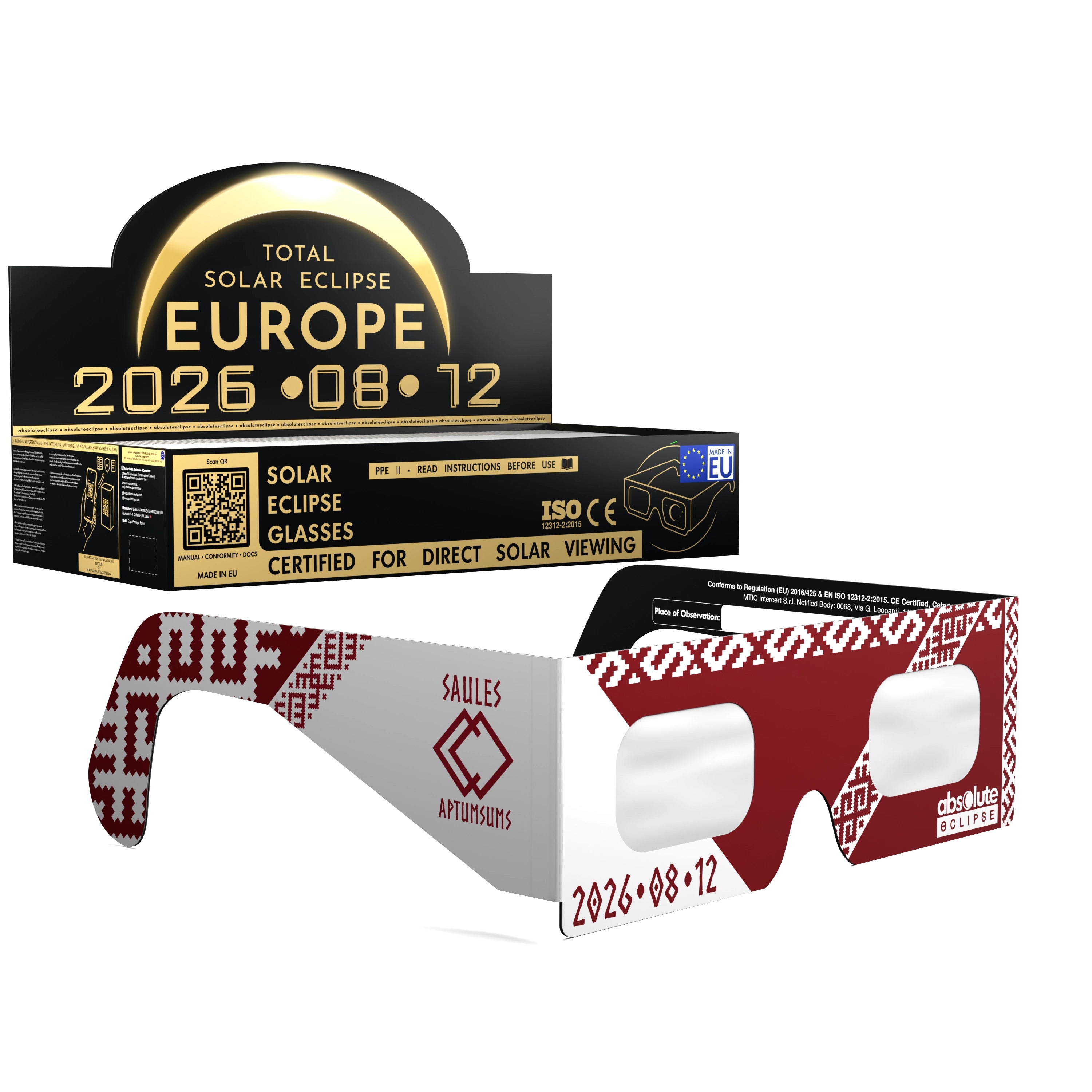 Solar Eclipse Glasses with LV design, CE Certified and ISO Compliant - Packaging Image of 100-Pack