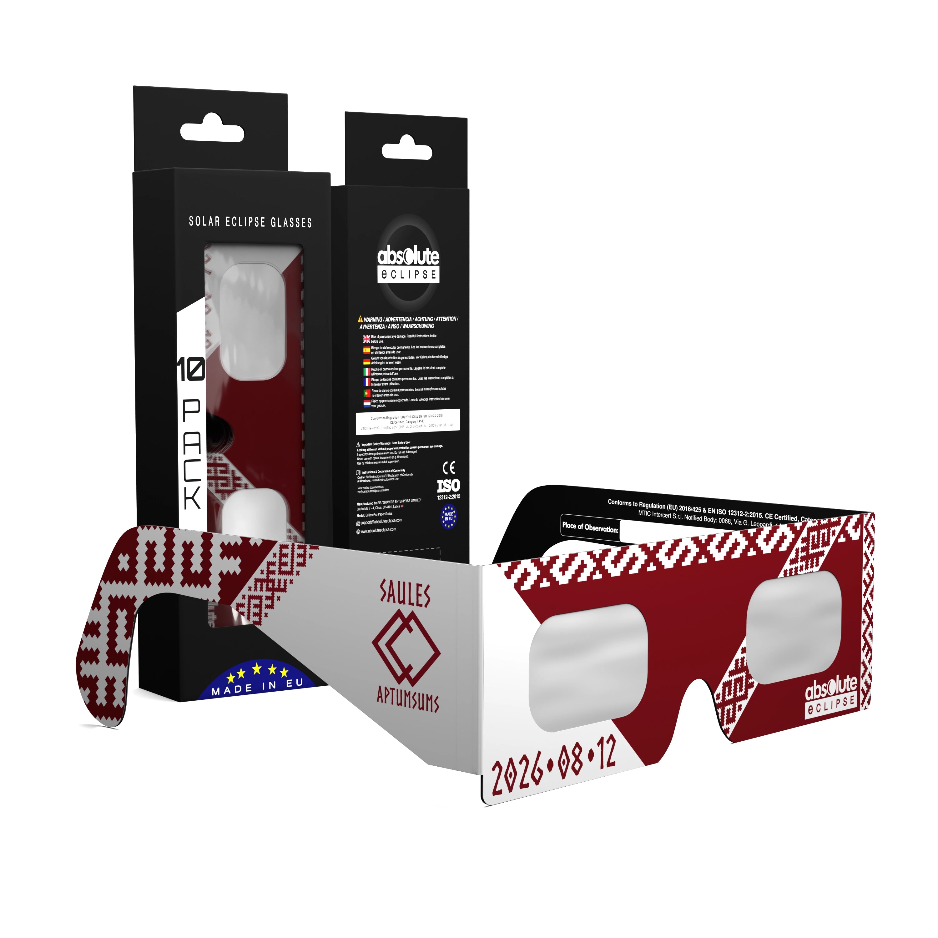 Solar Eclipse Glasses with LV design, CE Certified and ISO Compliant - Packaging Image of 10-Pack