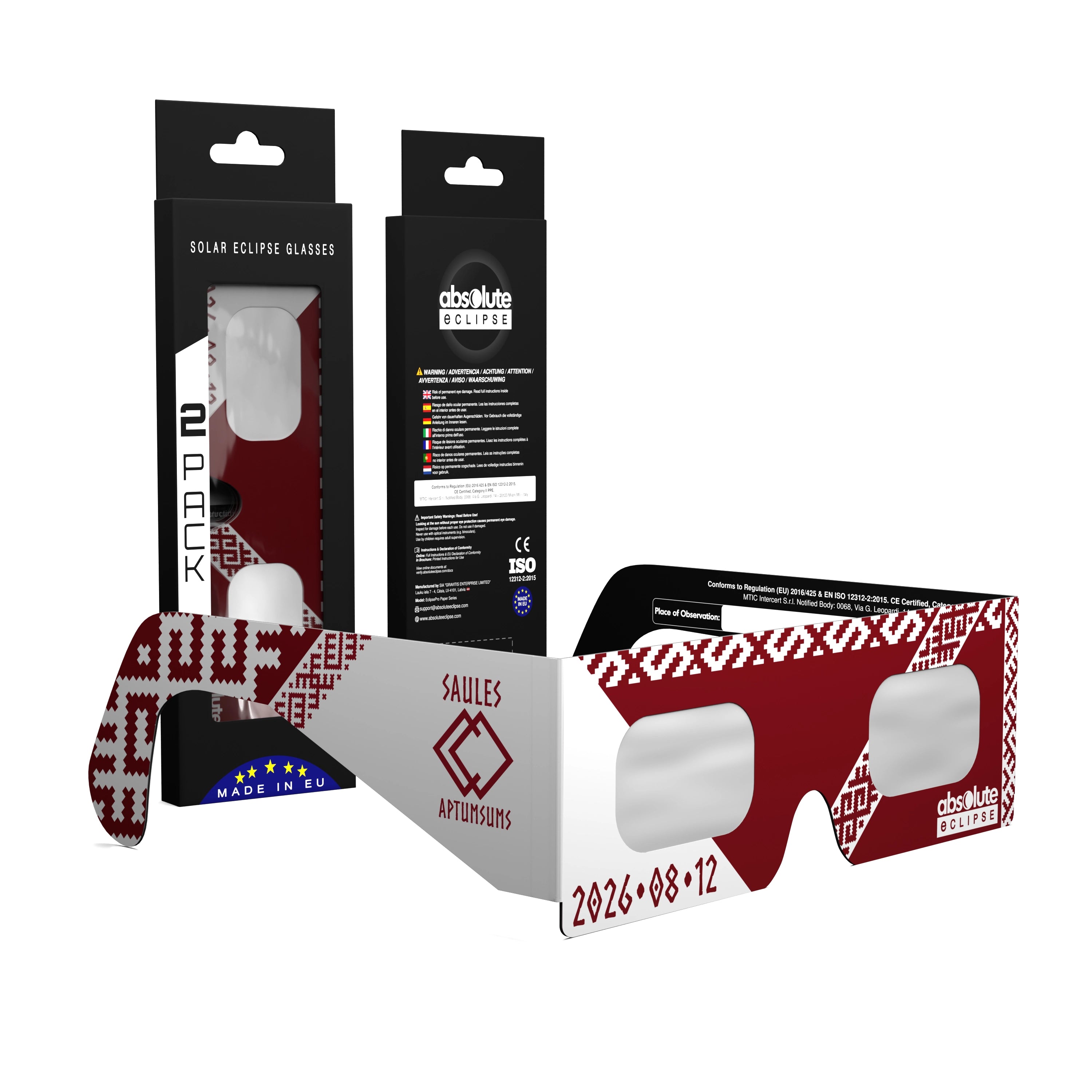 Solar Eclipse Glasses with LV design, CE Certified and ISO Compliant - Packaging Image of 2-Pack