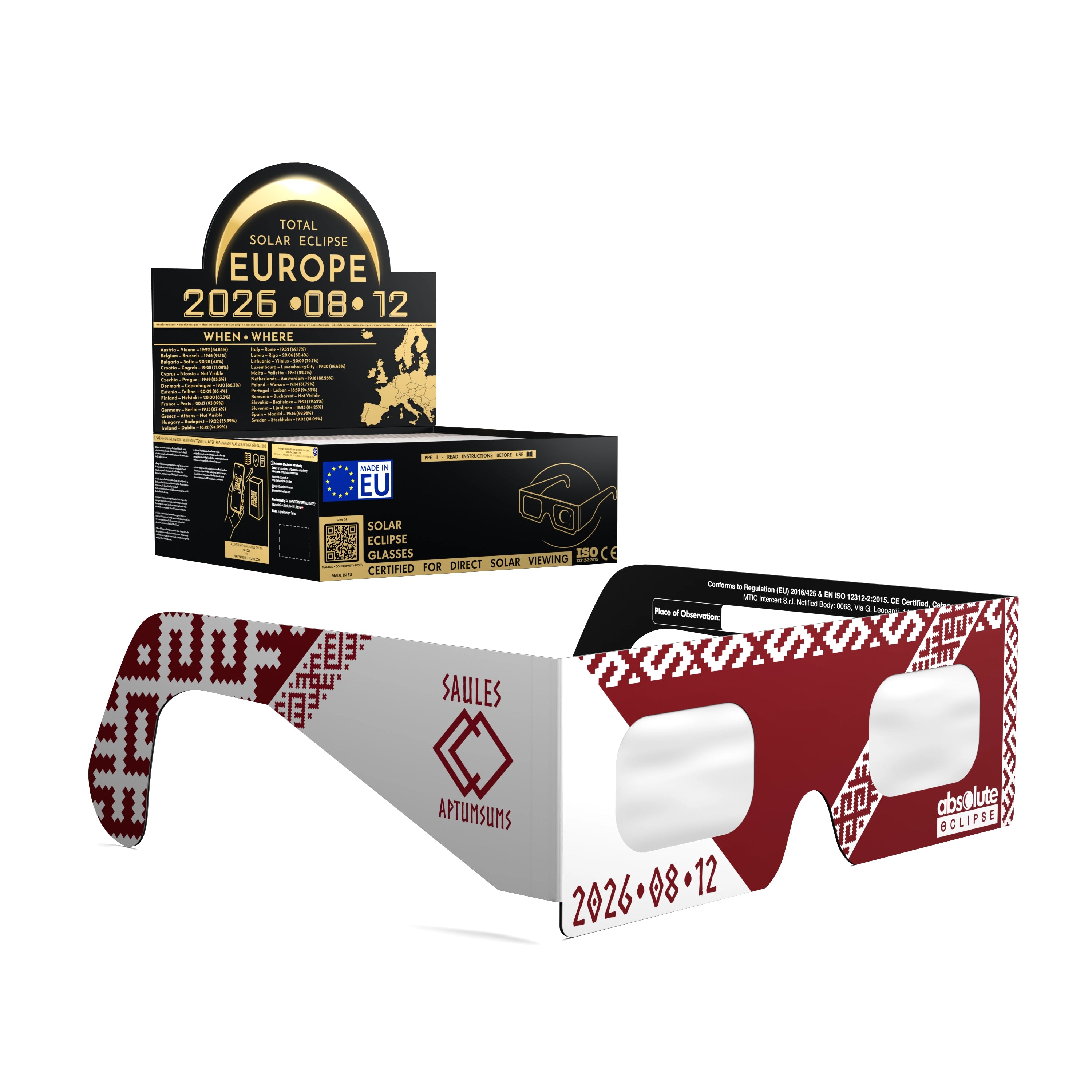 Solar Eclipse Glasses with LV design, CE Certified and ISO Compliant - Packaging Image of 50-Pack