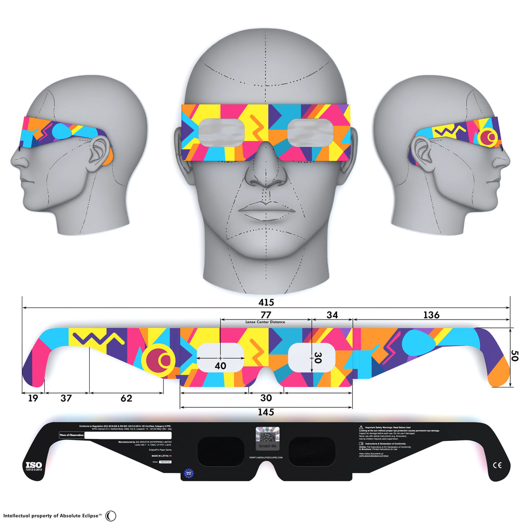 Solar Eclipse Glasses with Memphis design, CE Certified and ISO Compliant - Back and Front View
