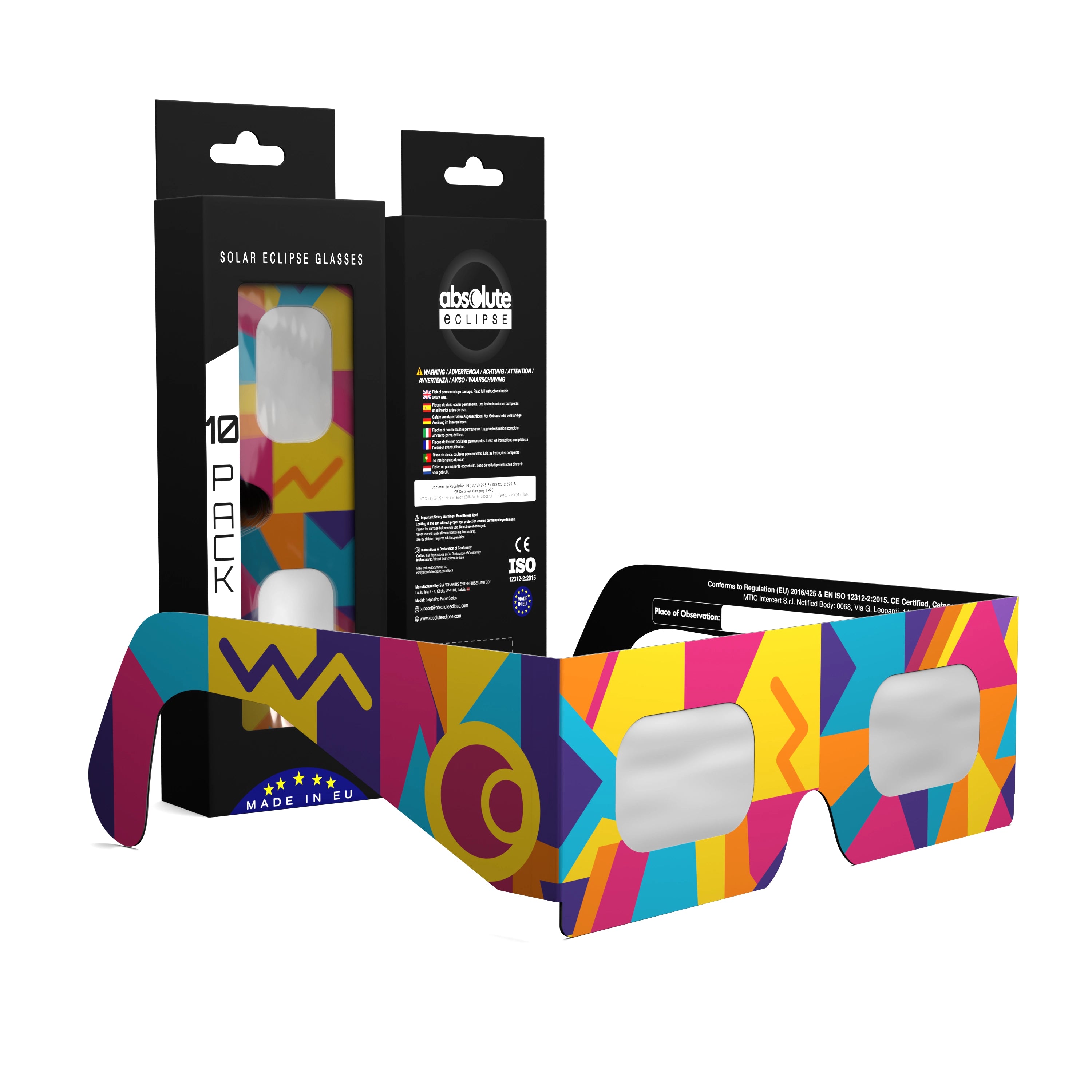 Solar Eclipse Glasses with Memphis design, CE Certified and ISO Compliant - Packaging Image of 10-Pack