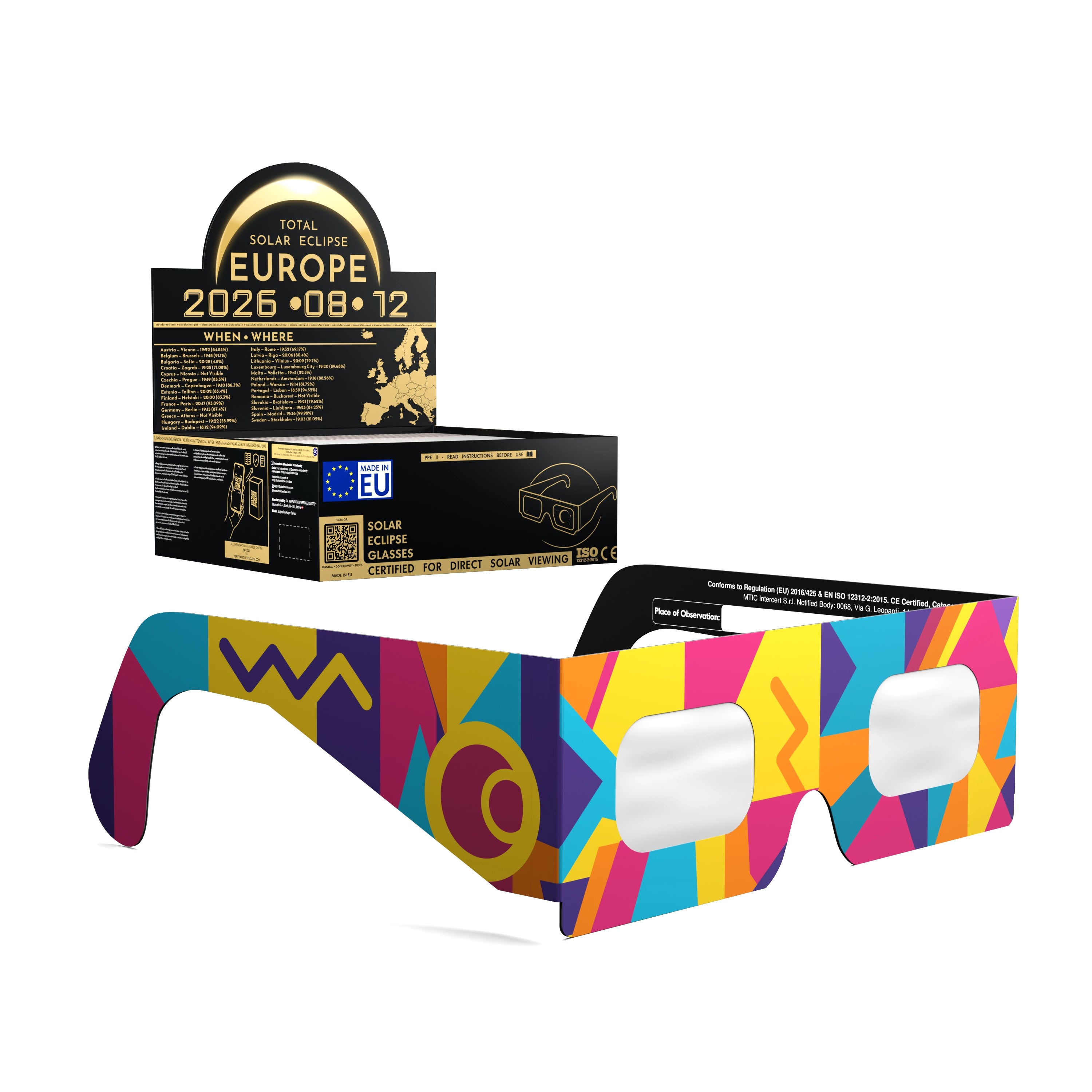 Solar Eclipse Glasses with Memphis design, CE Certified and ISO Compliant - Packaging Image of 50-Pack