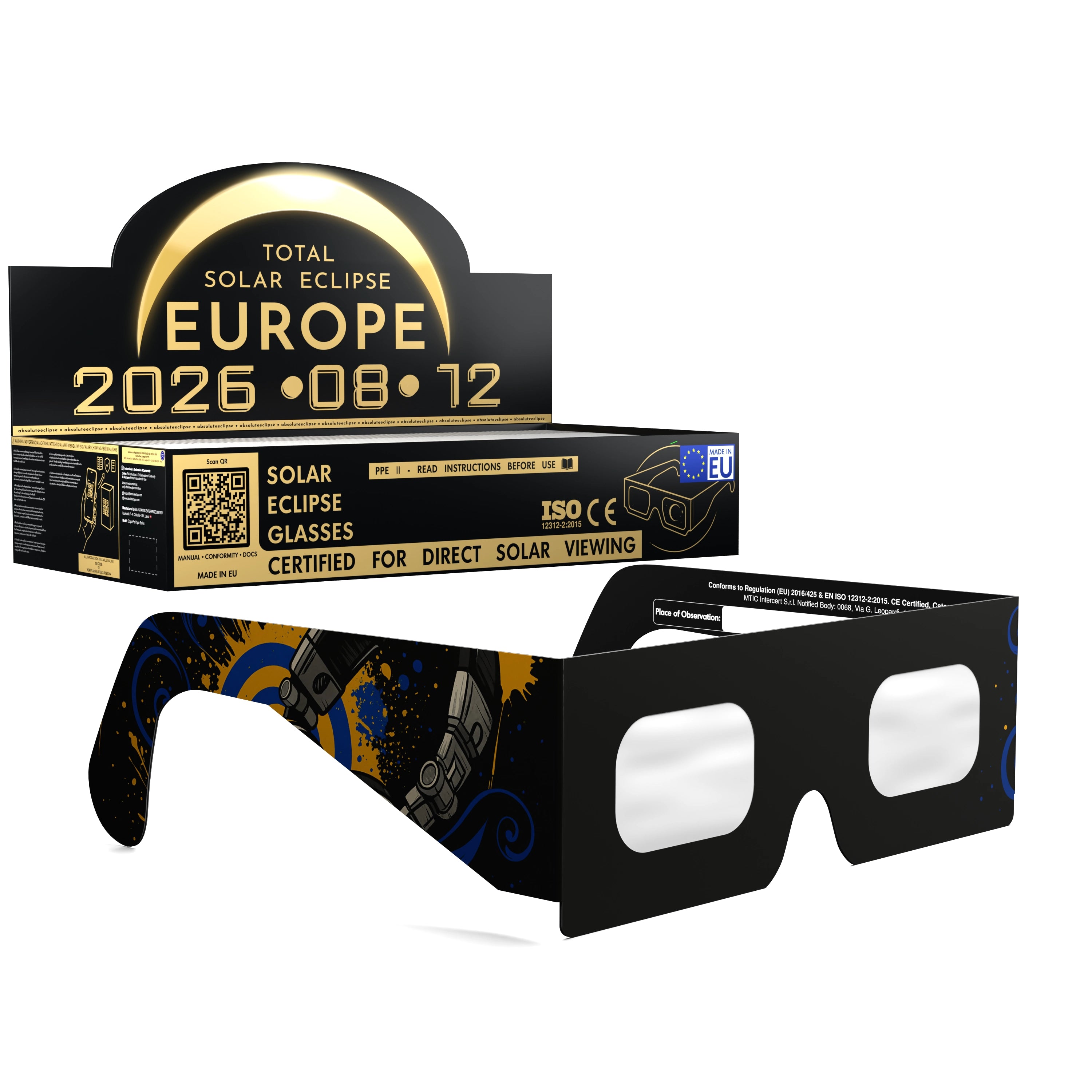 Solar Eclipse Glasses with Music design, CE Certified and ISO Compliant - Packaging Image of 100-Pack