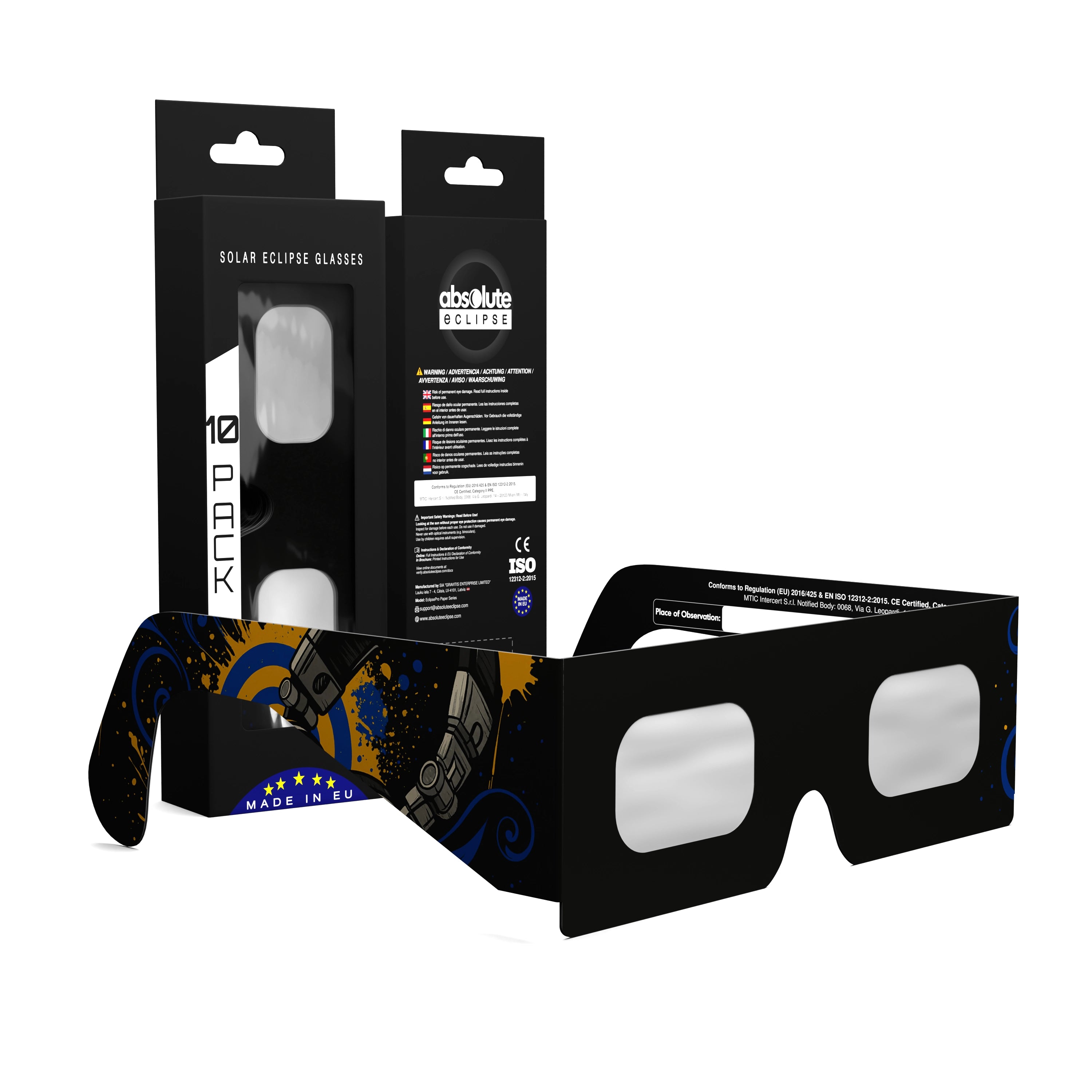 Solar Eclipse Glasses with Music design, CE Certified and ISO Compliant - Packaging Image of 10-Pack