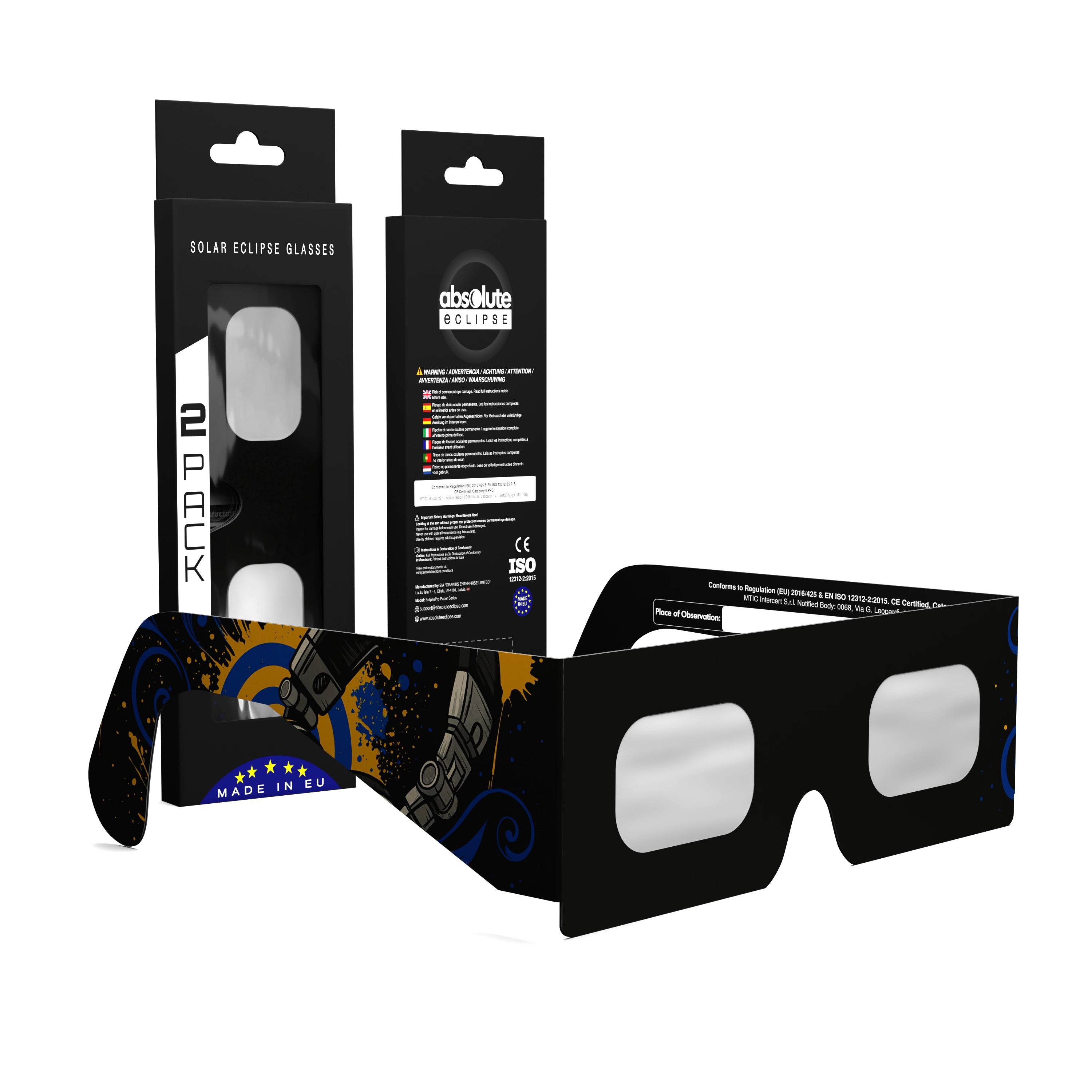 Solar Eclipse Glasses with Music design, CE Certified and ISO Compliant - Packaging Image of 2-Pack