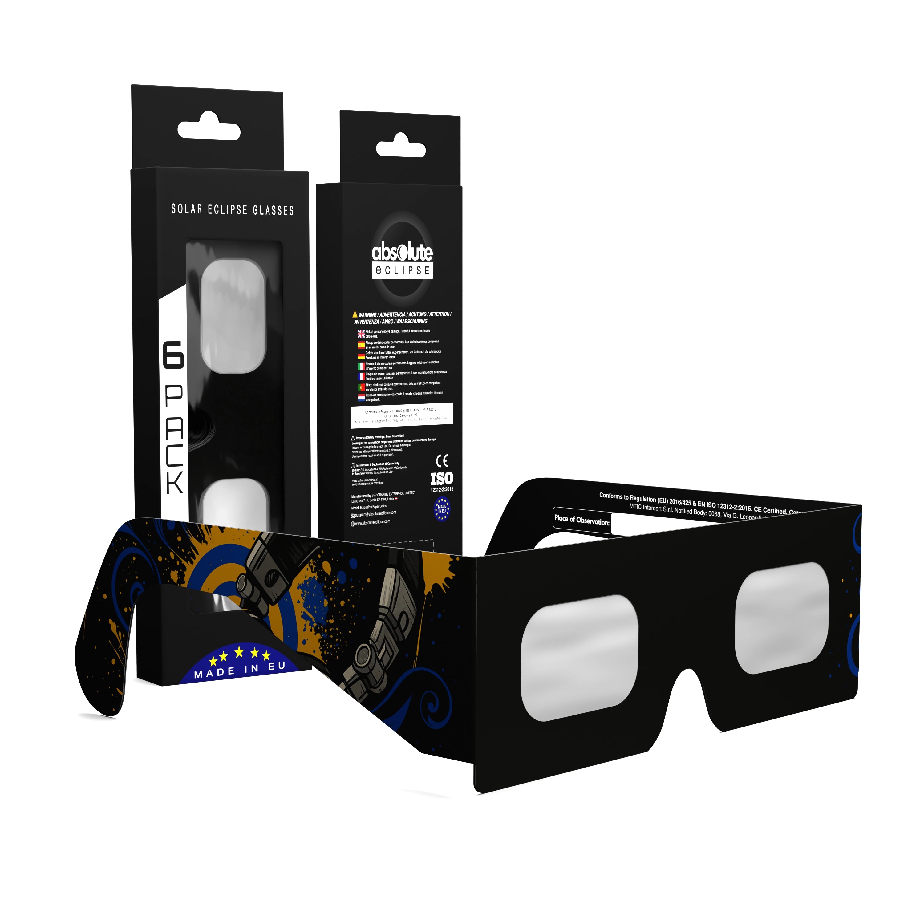Solar Eclipse Glasses with Music design, CE Certified and ISO Compliant - Packaging Image of 6-Pack