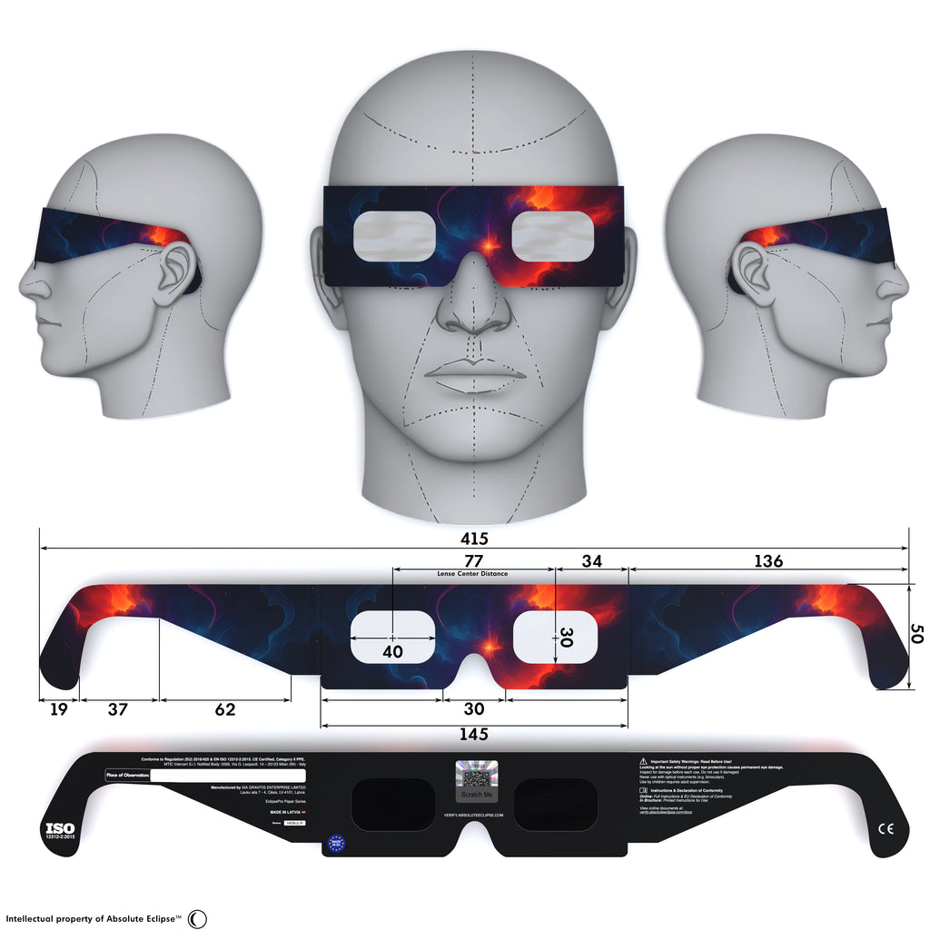 Solar Eclipse Glasses with Nebula design, CE Certified and ISO Compliant - Back and Front View
