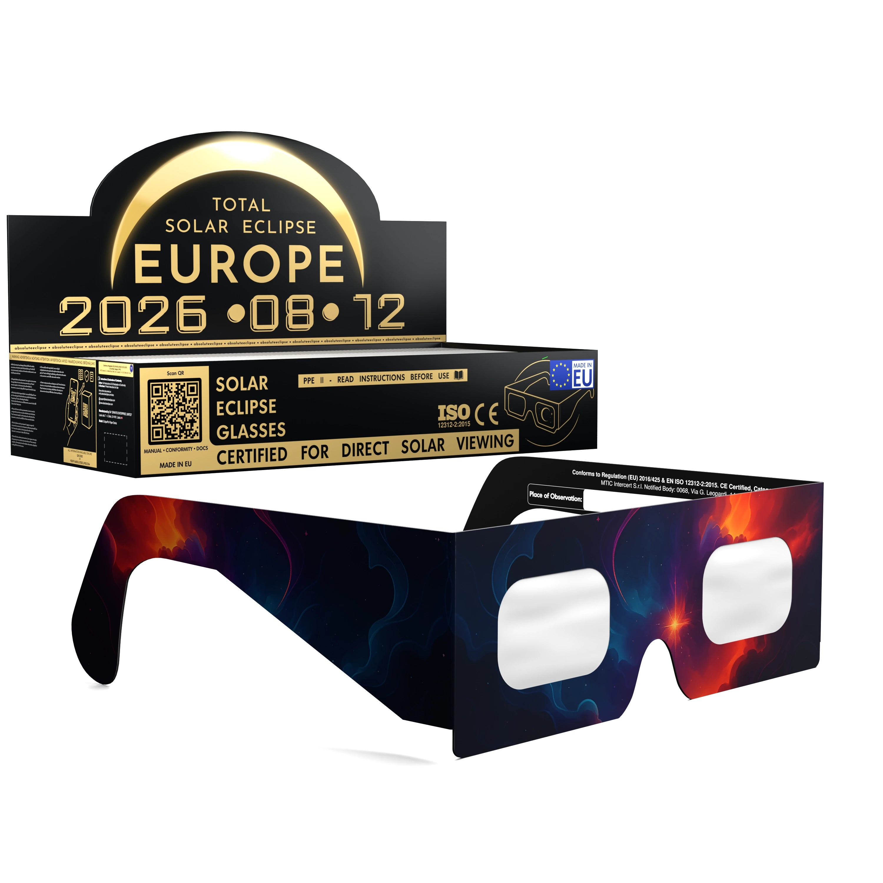 Solar Eclipse Glasses with Nebula design, CE Certified and ISO Compliant - Packaging Image of 100-Pack
