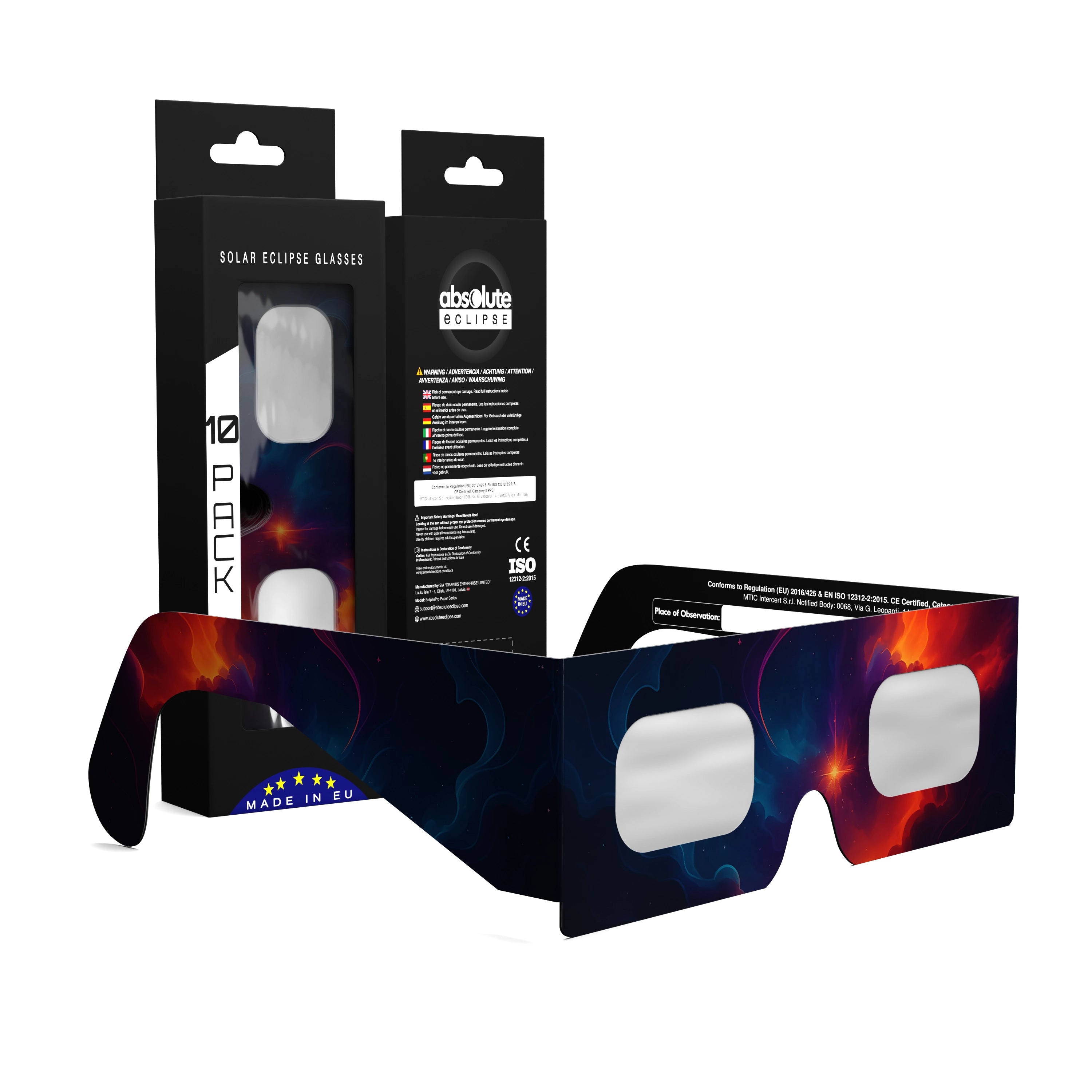 Solar Eclipse Glasses with Nebula design, CE Certified and ISO Compliant - Packaging Image of 10-Pack