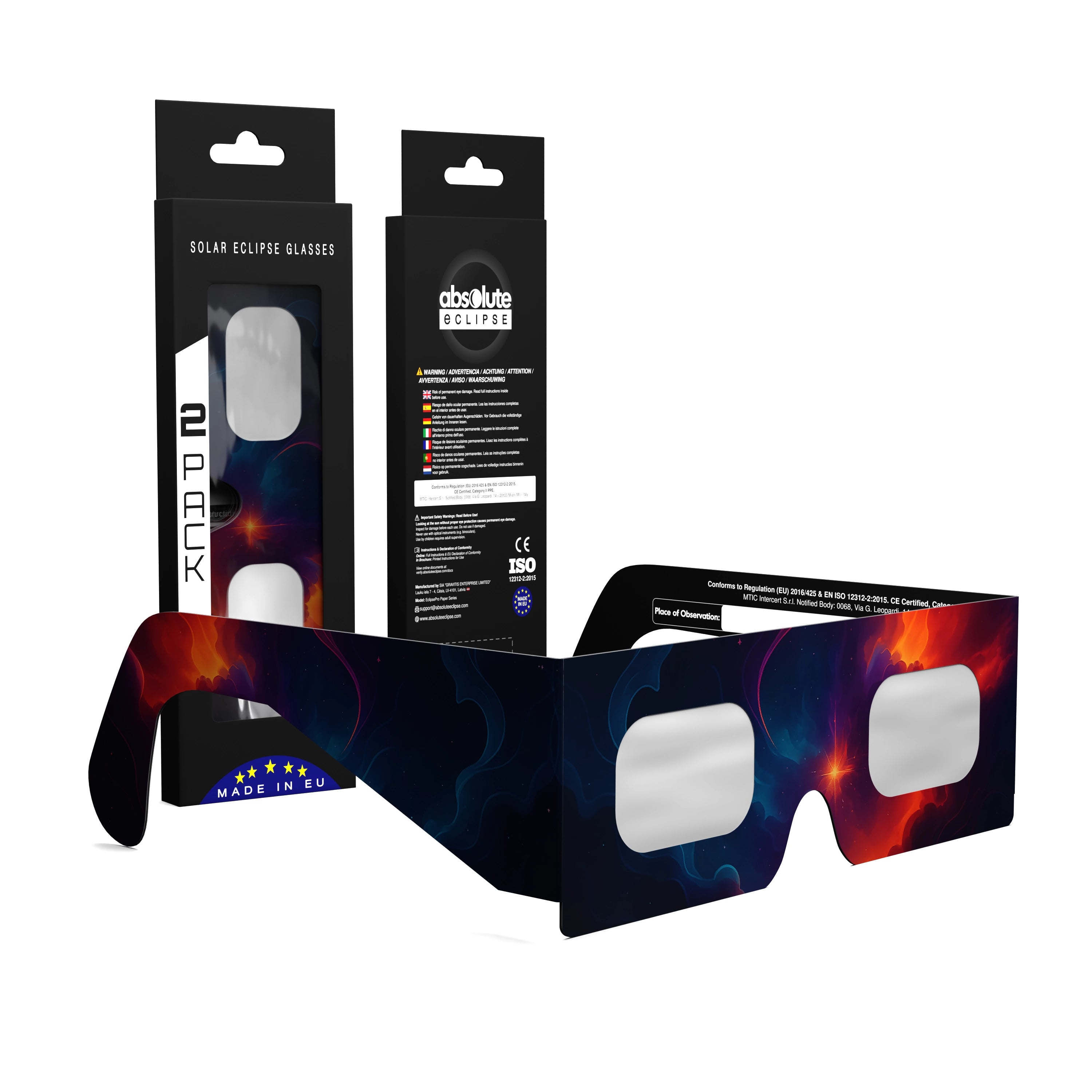 Solar Eclipse Glasses with Nebula design, CE Certified and ISO Compliant - Packaging Image of 2-Pack
