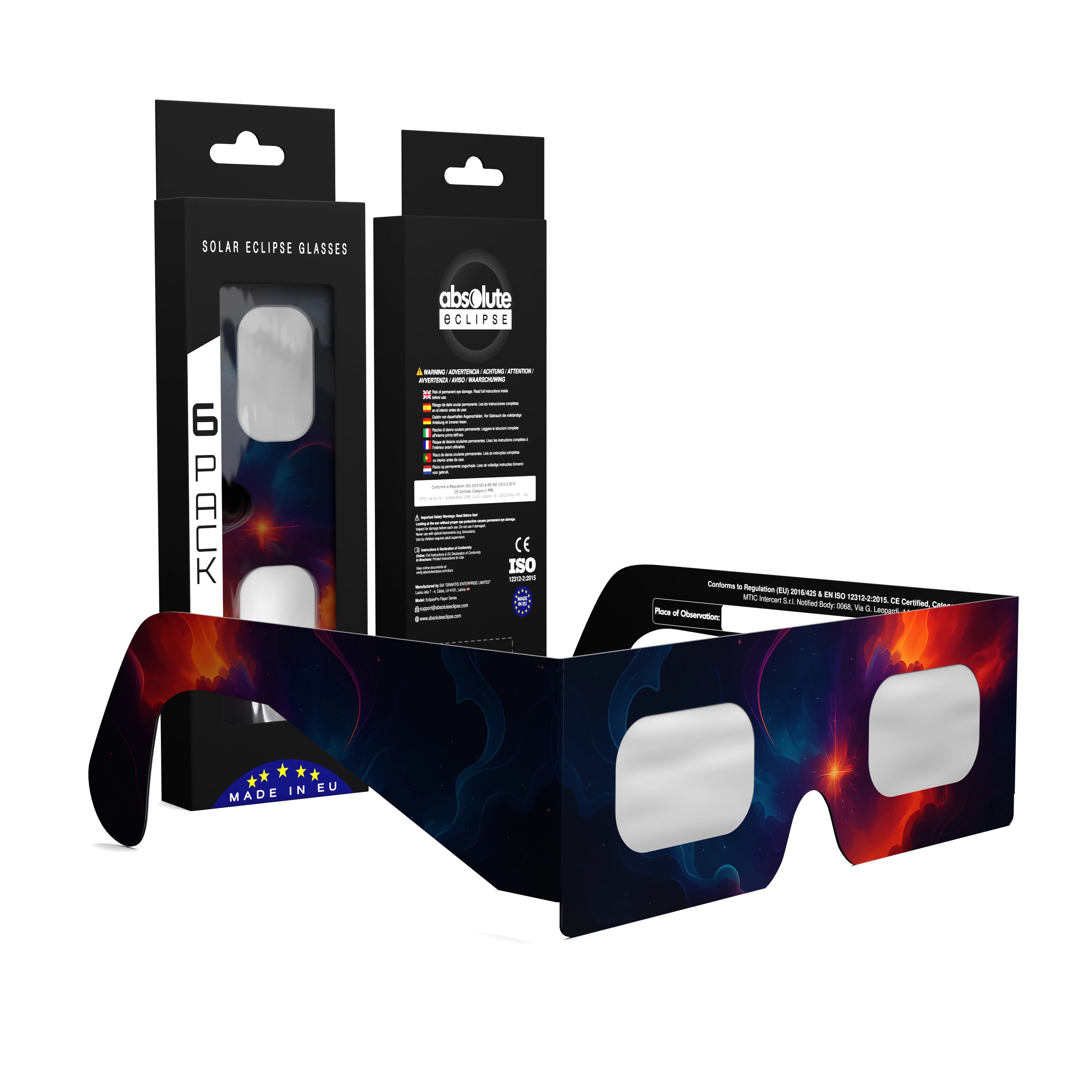 Solar Eclipse Glasses with Nebula design, CE Certified and ISO Compliant - Packaging Image of 6-Pack