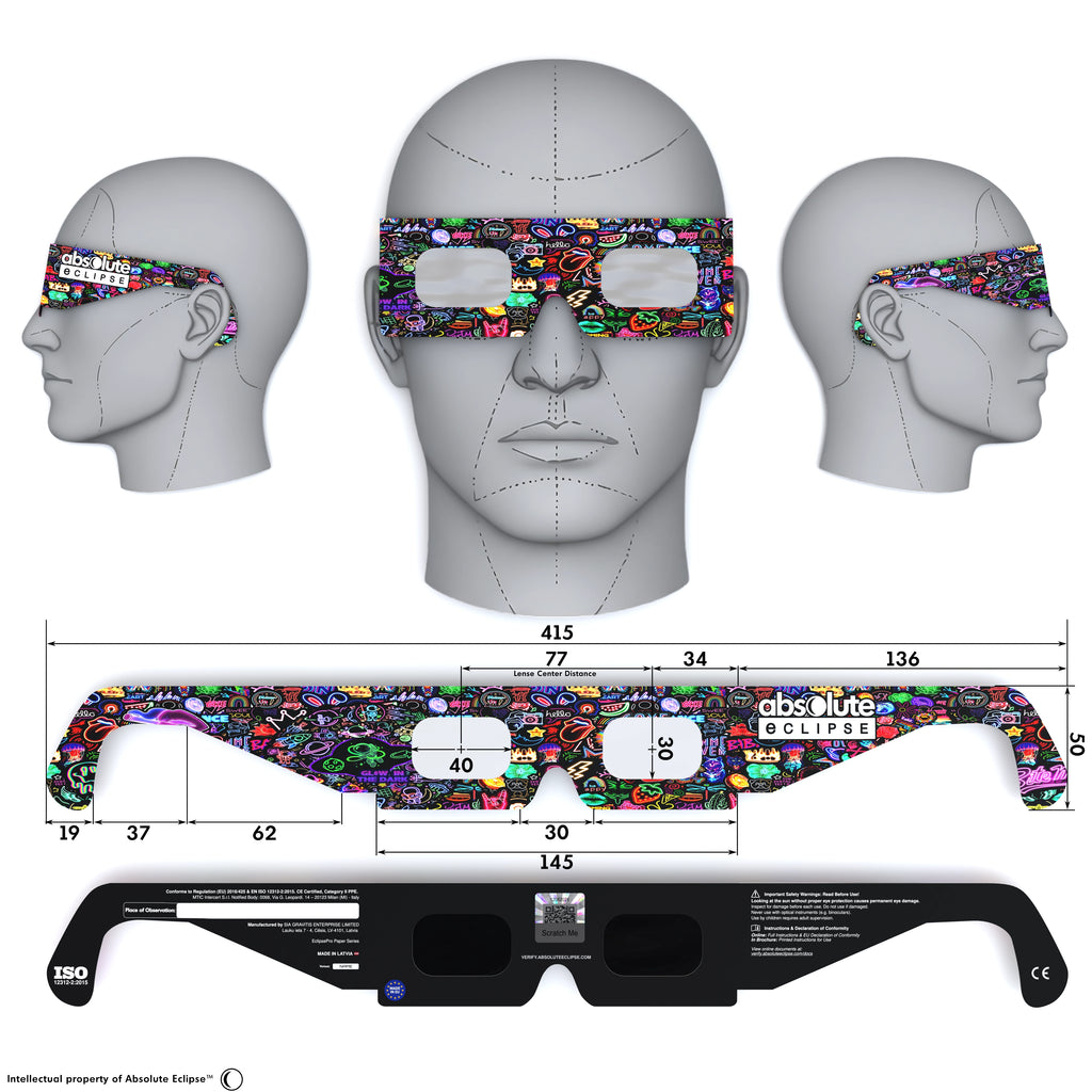 Solar Eclipse Glasses with Neon design, CE Certified and ISO Compliant - Back and Front View