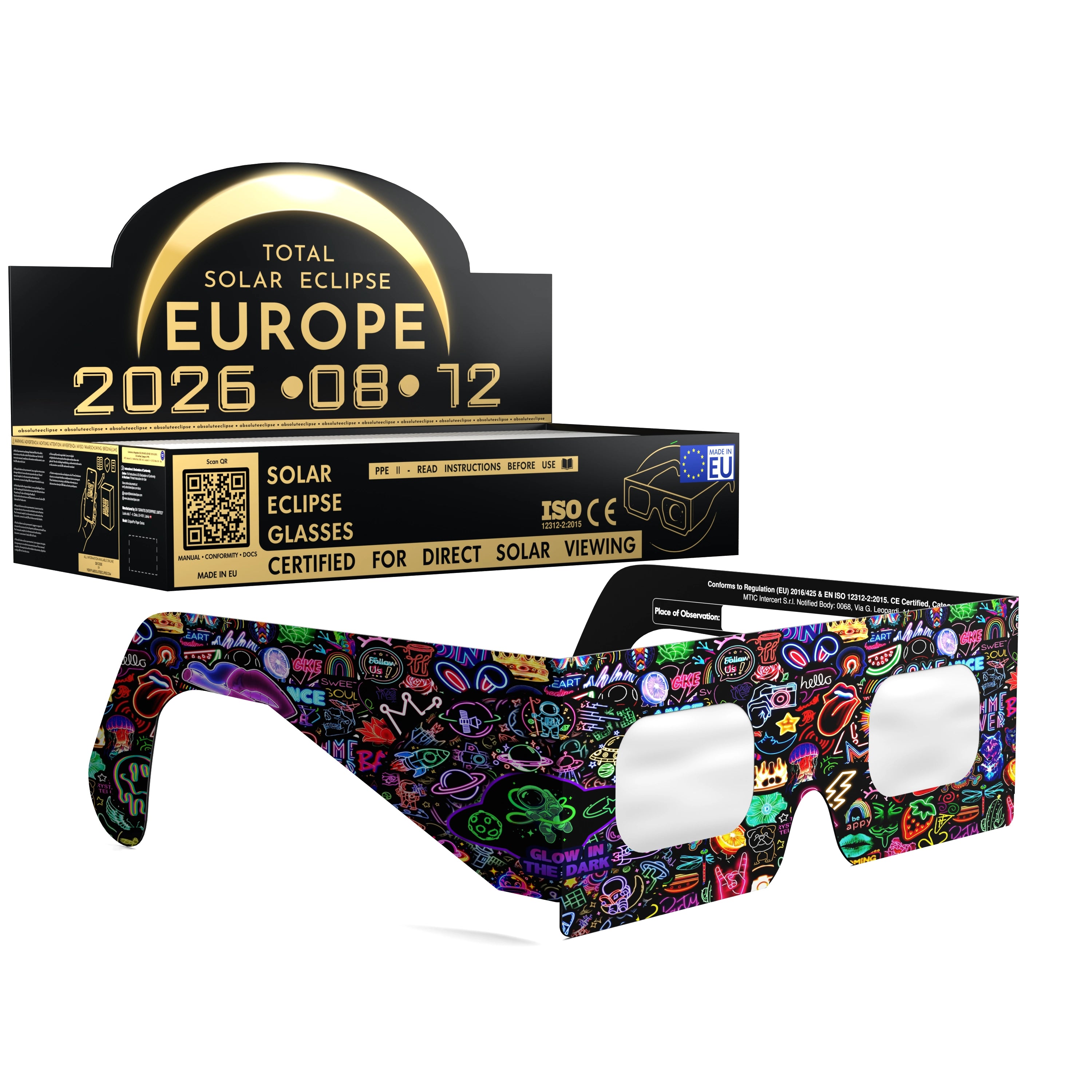 Solar Eclipse Glasses with Neon design, CE Certified and ISO Compliant - Packaging Image of 100-Pack