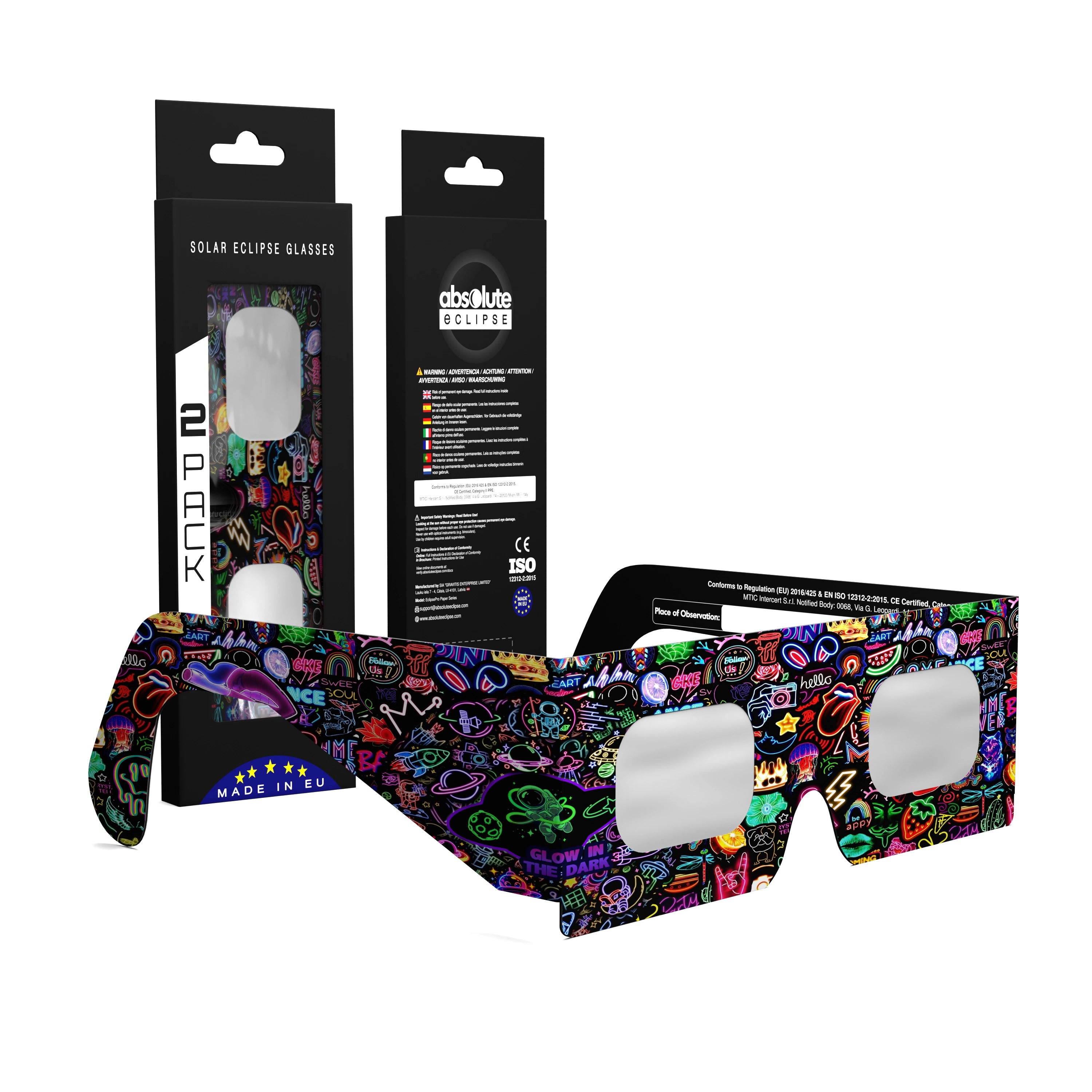 Solar Eclipse Glasses with Neon design, CE Certified and ISO Compliant - Packaging Image of 2-Pack
