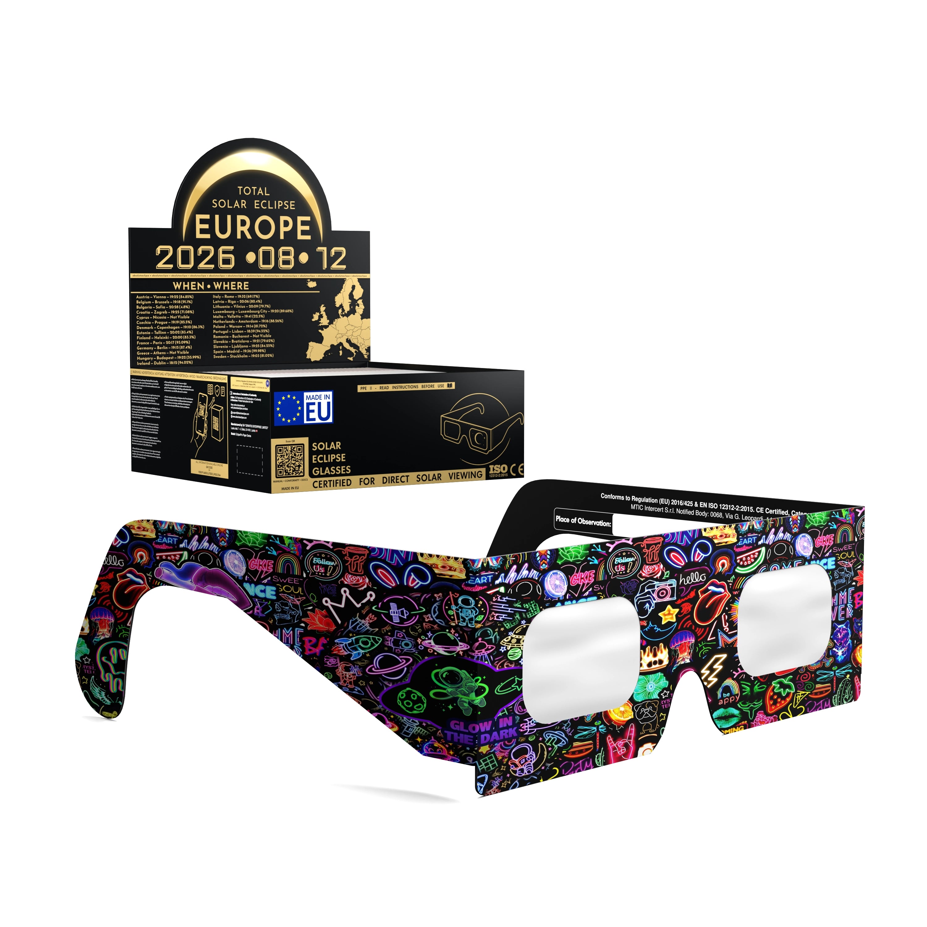Solar Eclipse Glasses with Neon design, CE Certified and ISO Compliant - Packaging Image of 50-Pack