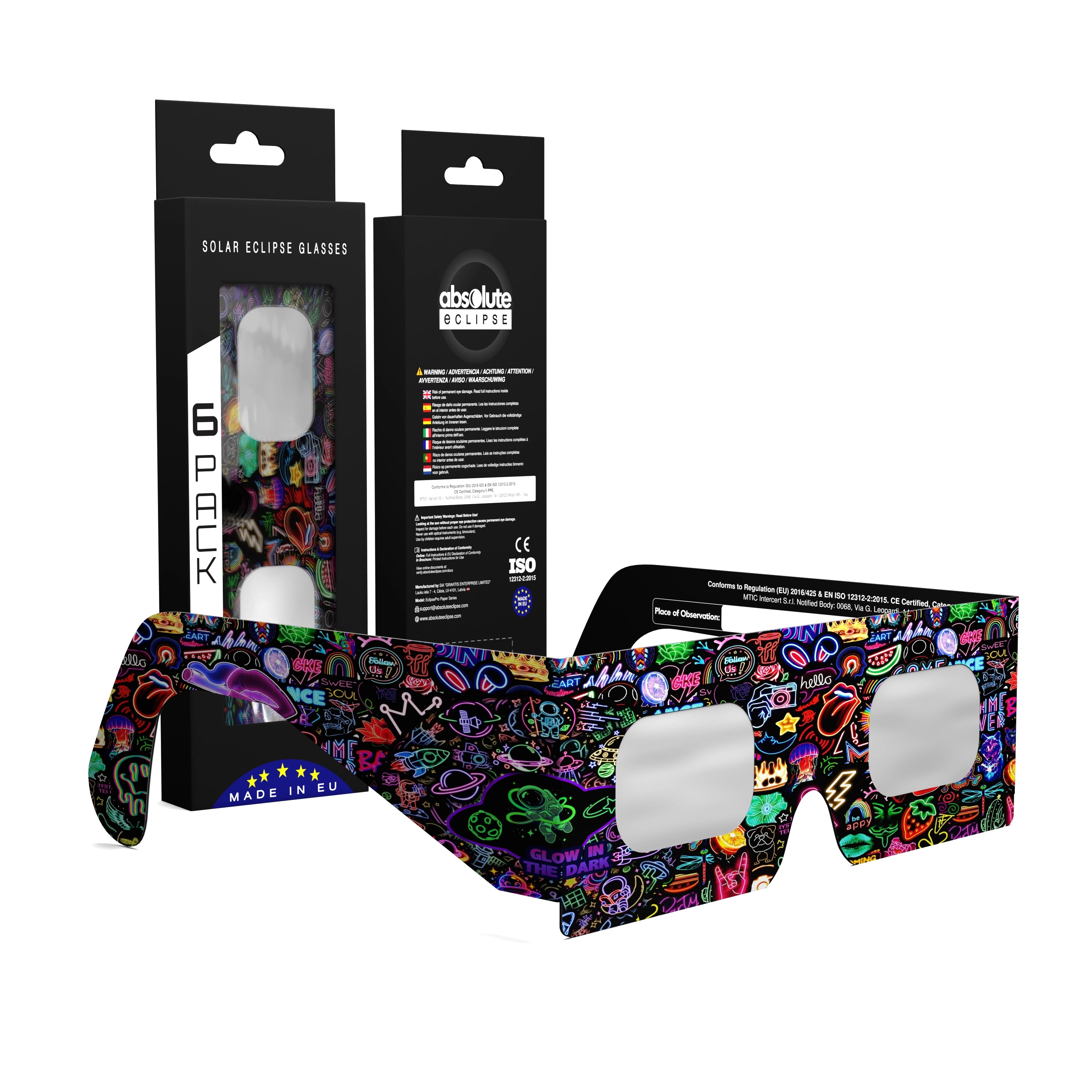 Solar Eclipse Glasses with Neon design, CE Certified and ISO Compliant - Packaging Image of 6-Pack