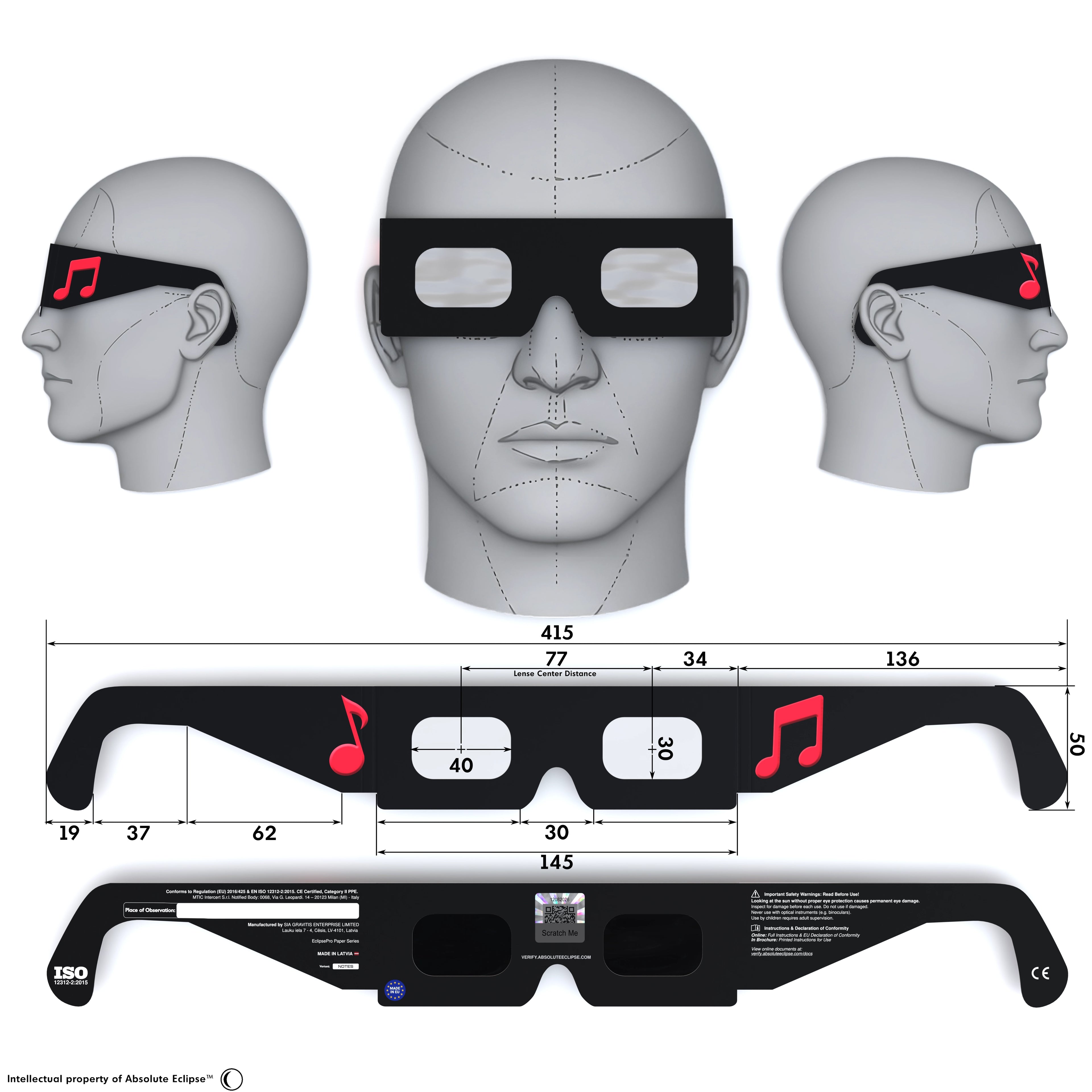 Solar Eclipse Glasses with Notes design, CE Certified and ISO Compliant - Back and Front View