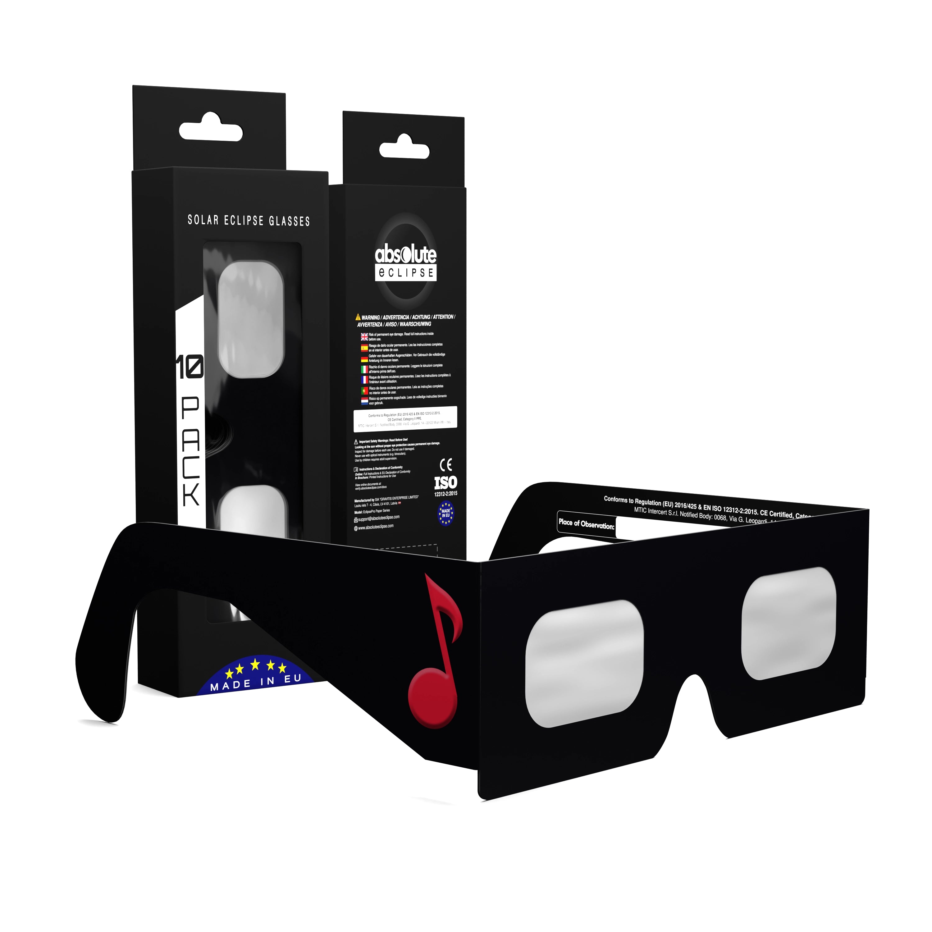 Solar Eclipse Glasses with Notes design, CE Certified and ISO Compliant - Packaging Image of 10-Pack
