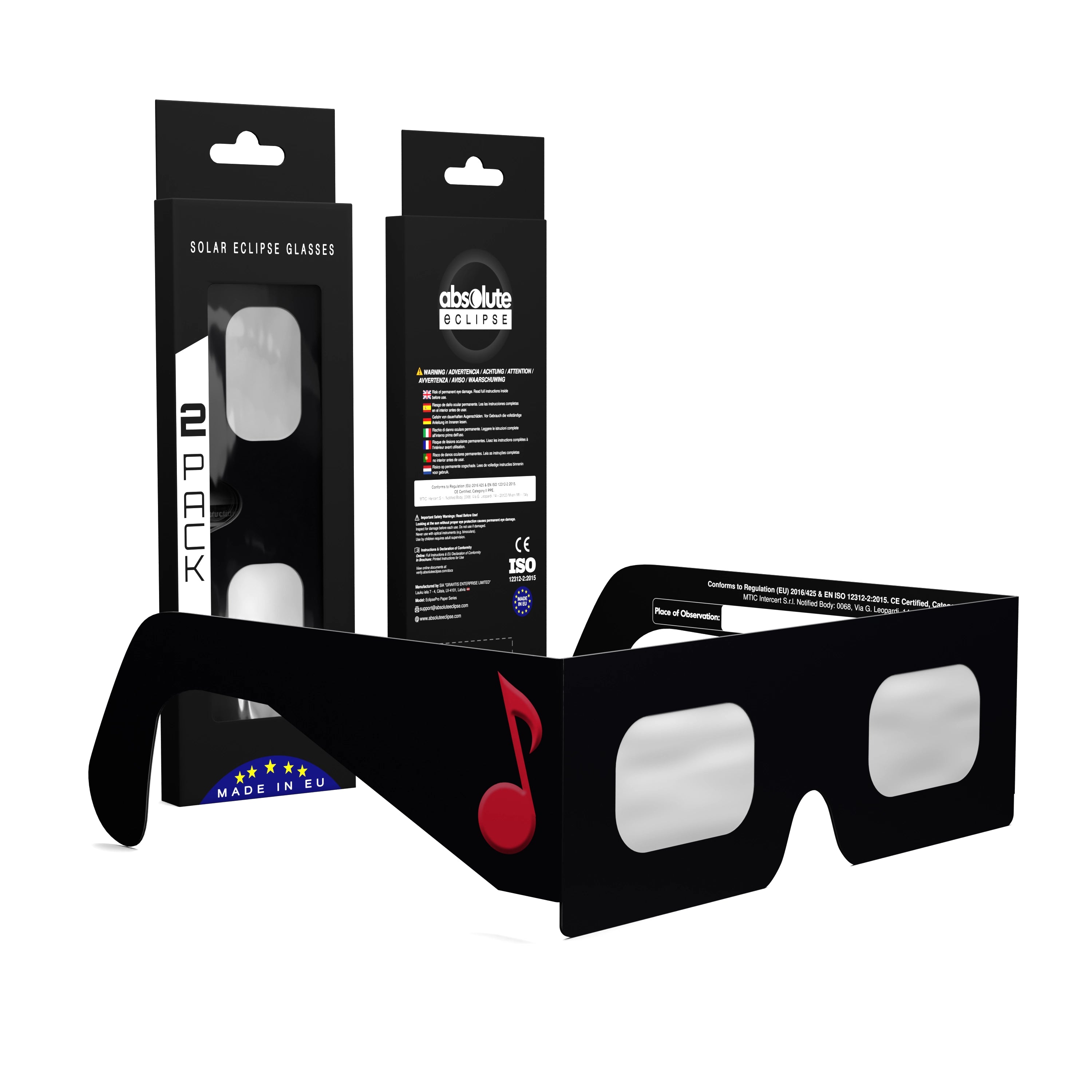 Solar Eclipse Glasses with Notes design, CE Certified and ISO Compliant - Packaging Image of 2-Pack