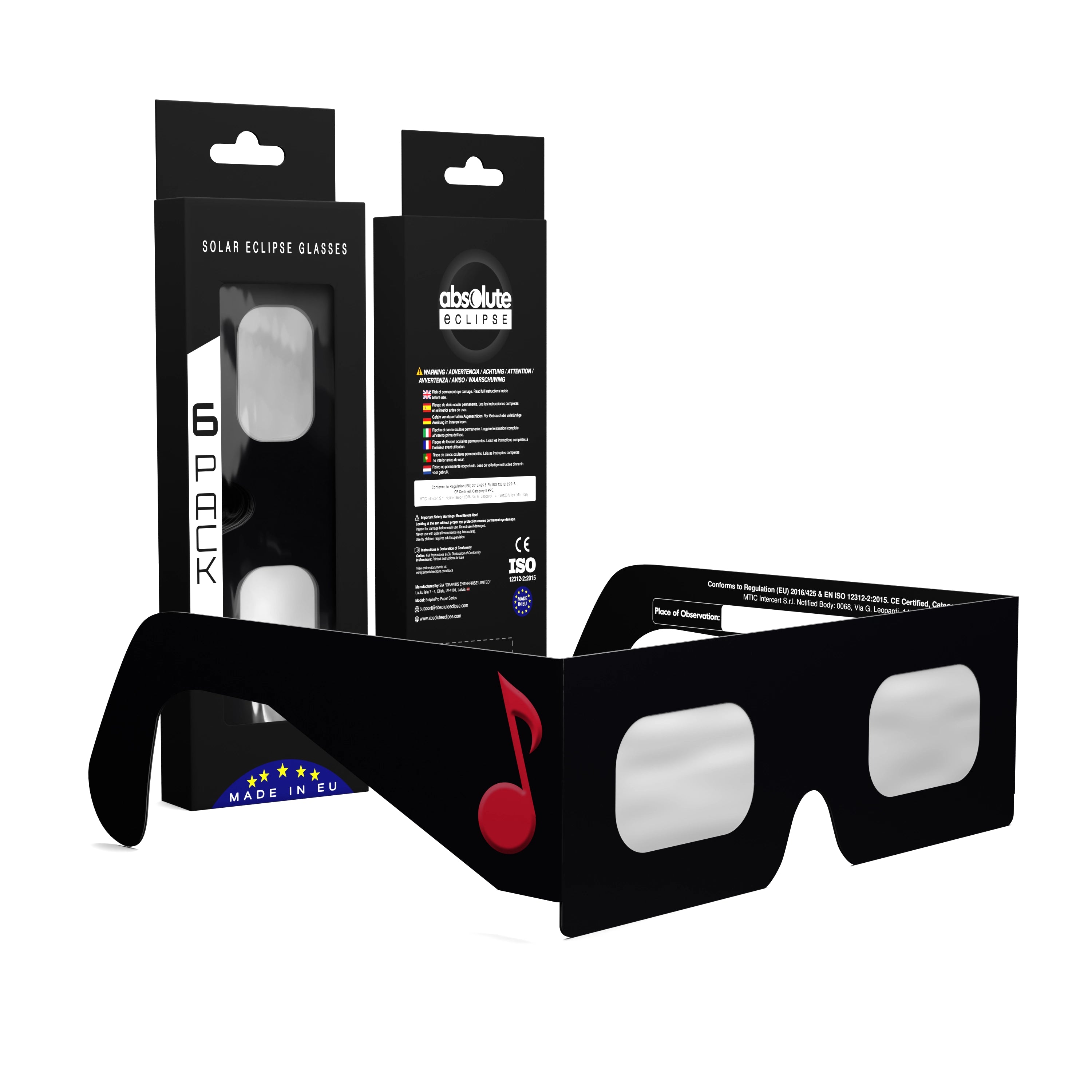 Solar Eclipse Glasses with Notes design, CE Certified and ISO Compliant - Packaging Image of 6-Pack