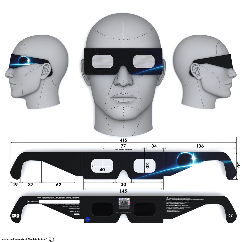 Solar Eclipse Glasses with Orbiter design, CE Certified and ISO Compliant - Back and Front View