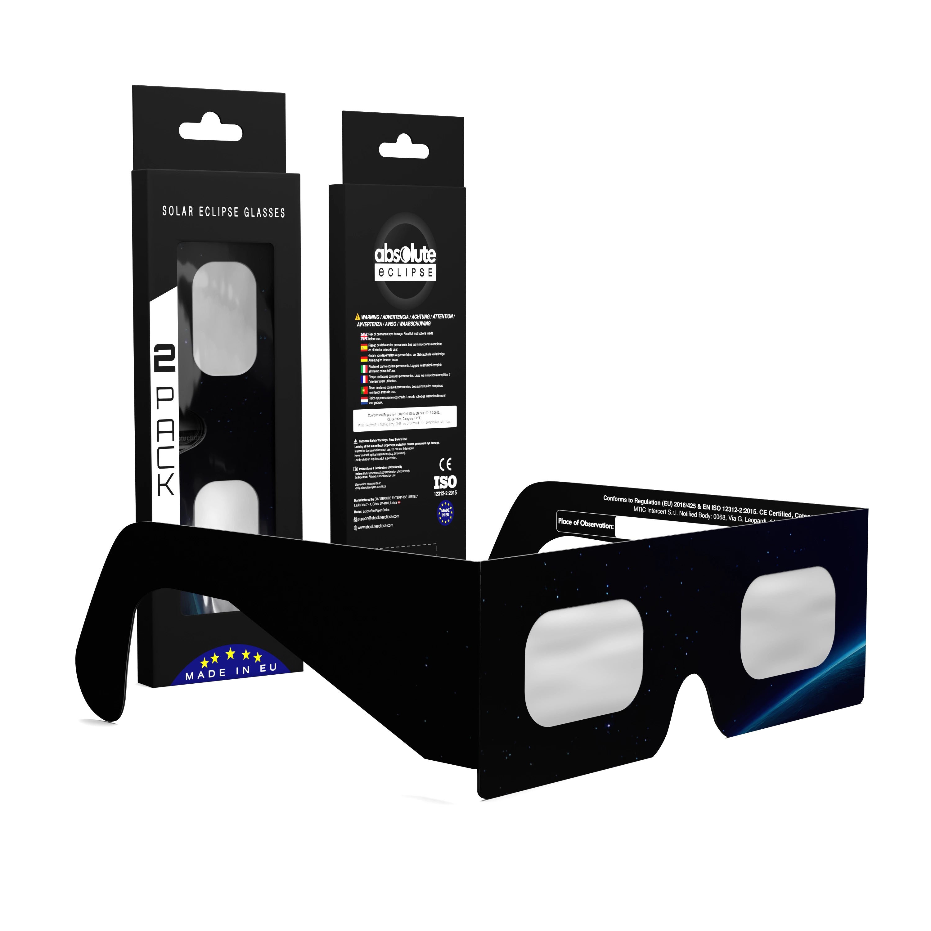 Solar Eclipse Glasses with Orbiter design, CE Certified and ISO Compliant - Packaging Image of 2-Pack