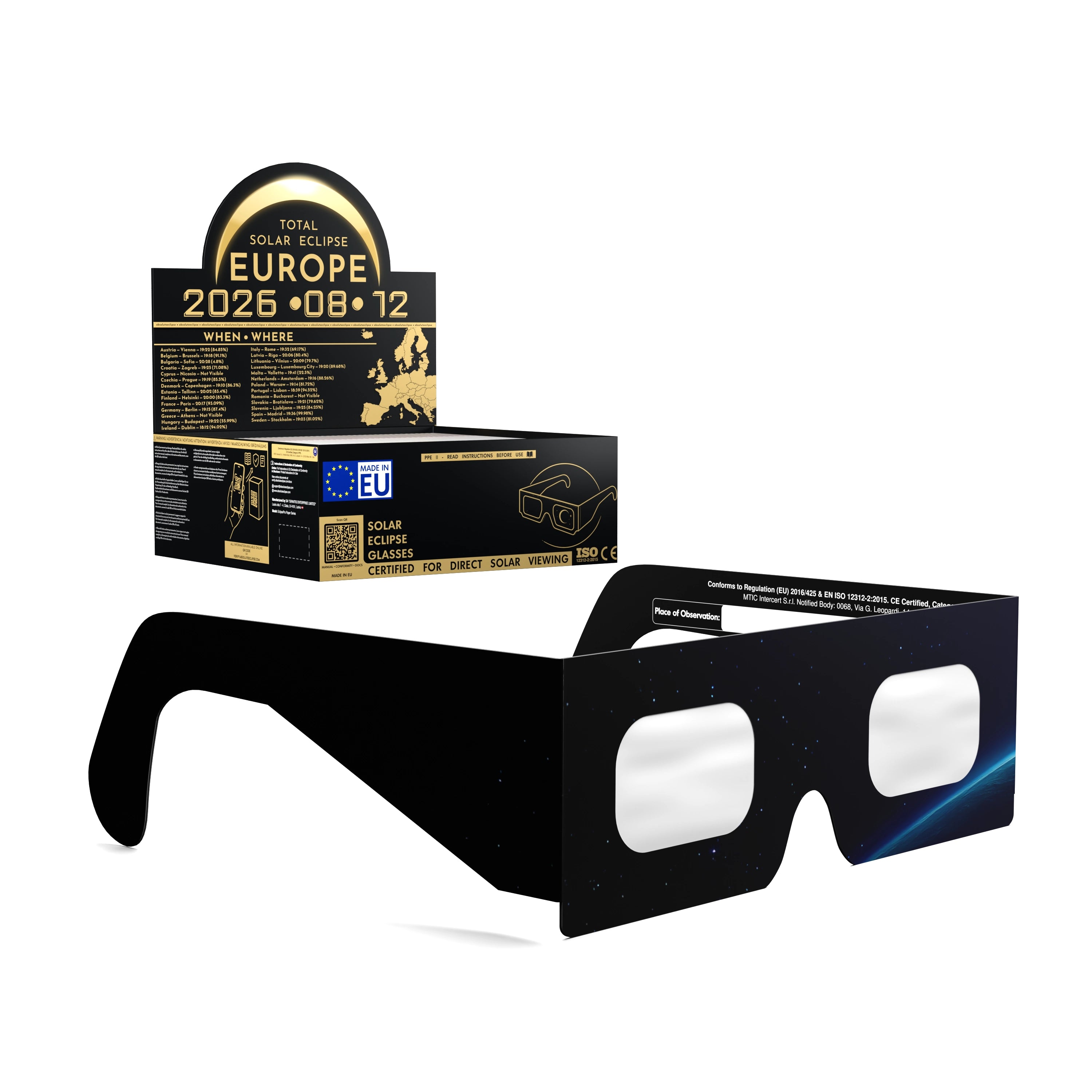 Solar Eclipse Glasses with Orbiter design, CE Certified and ISO Compliant - Packaging Image of 50-Pack