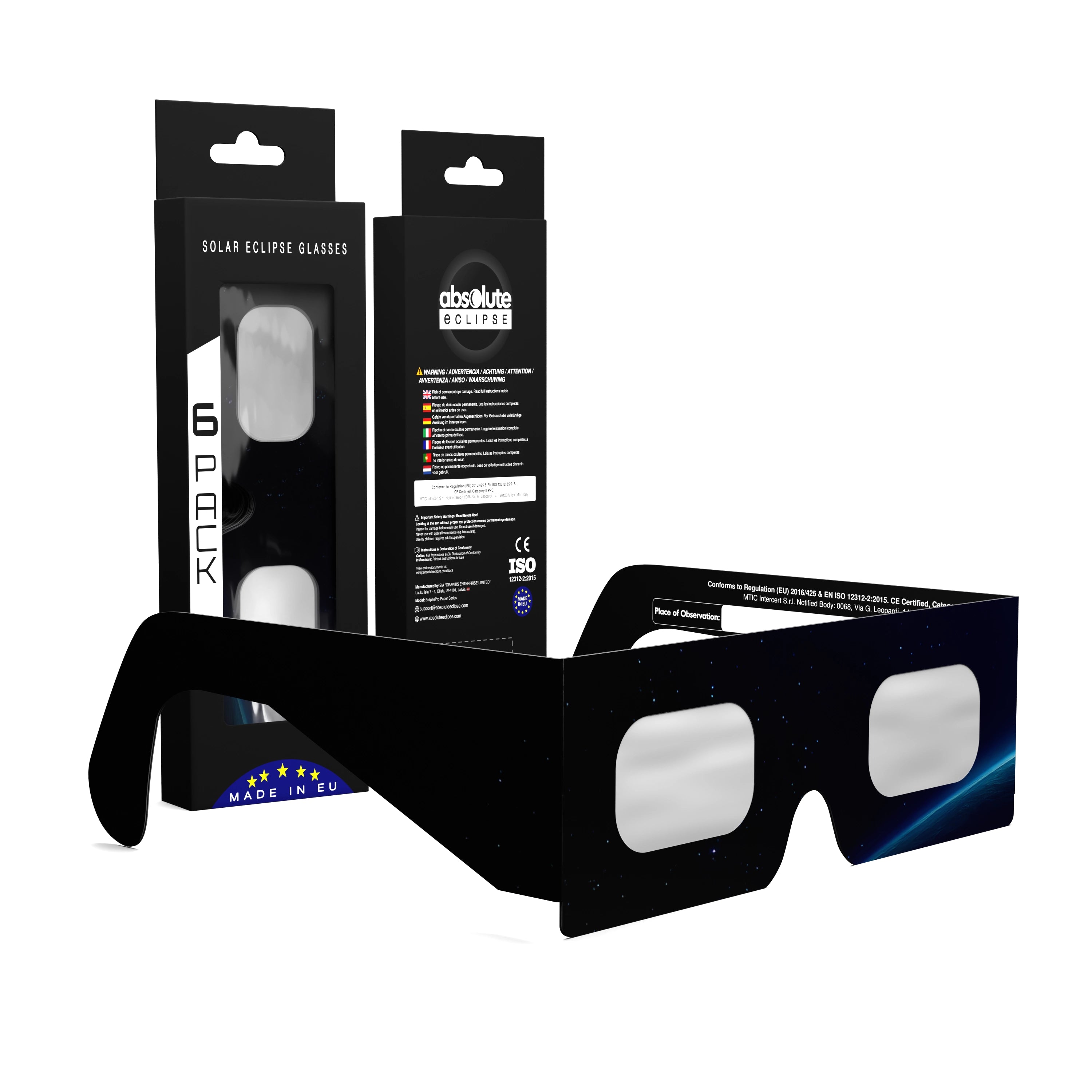 Solar Eclipse Glasses with Orbiter design, CE Certified and ISO Compliant - Packaging Image of 6-Pack
