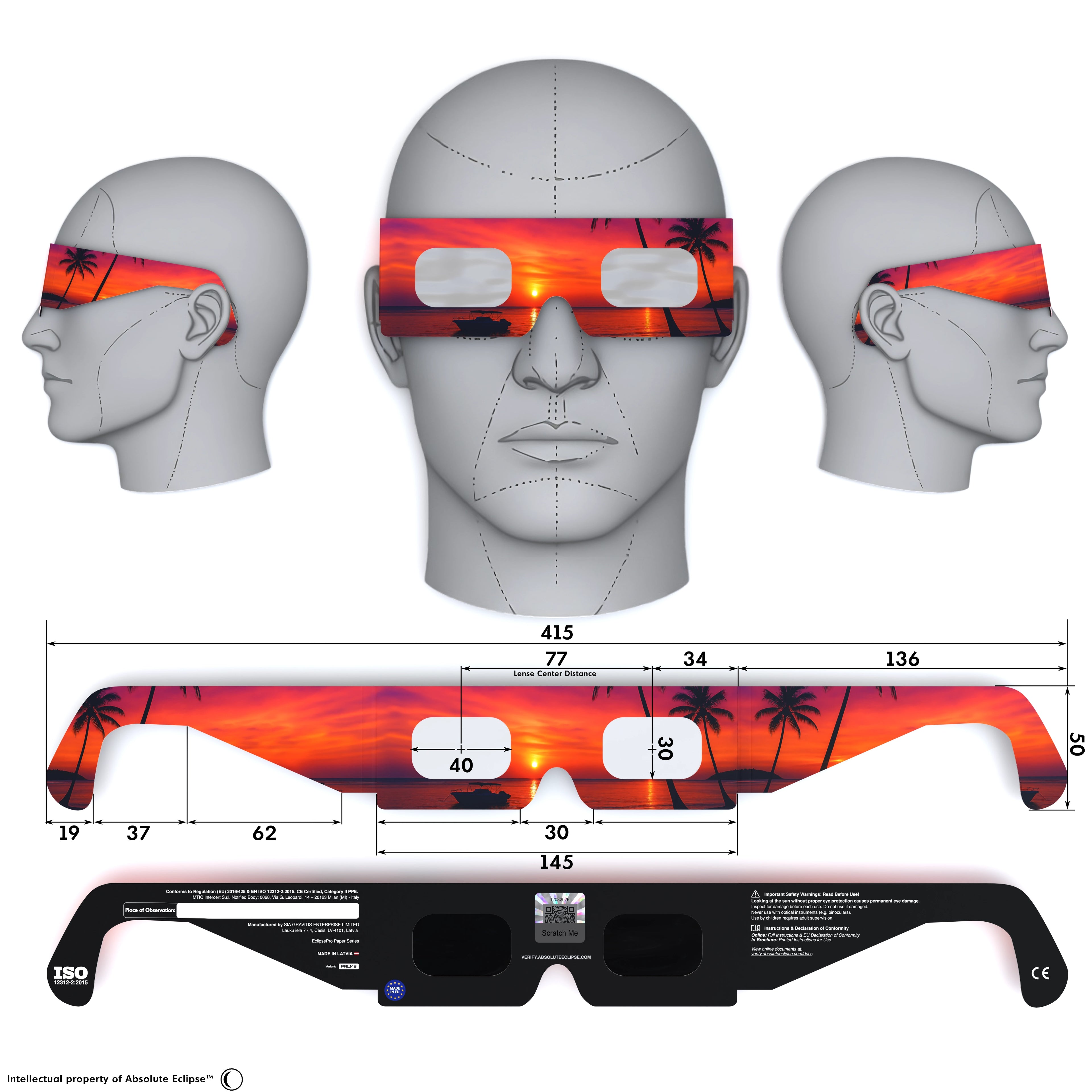 Solar Eclipse Glasses with Palms design, CE Certified and ISO Compliant - Back and Front View