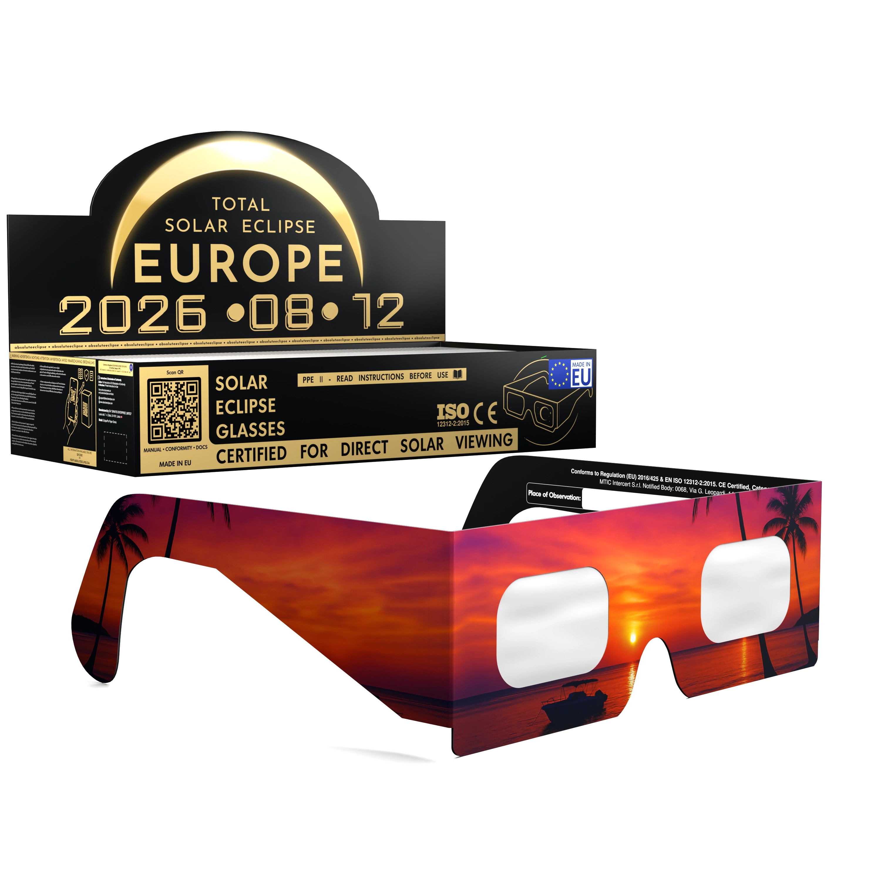 Solar Eclipse Glasses with Palms design, CE Certified and ISO Compliant - Packaging Image of 100-Pack