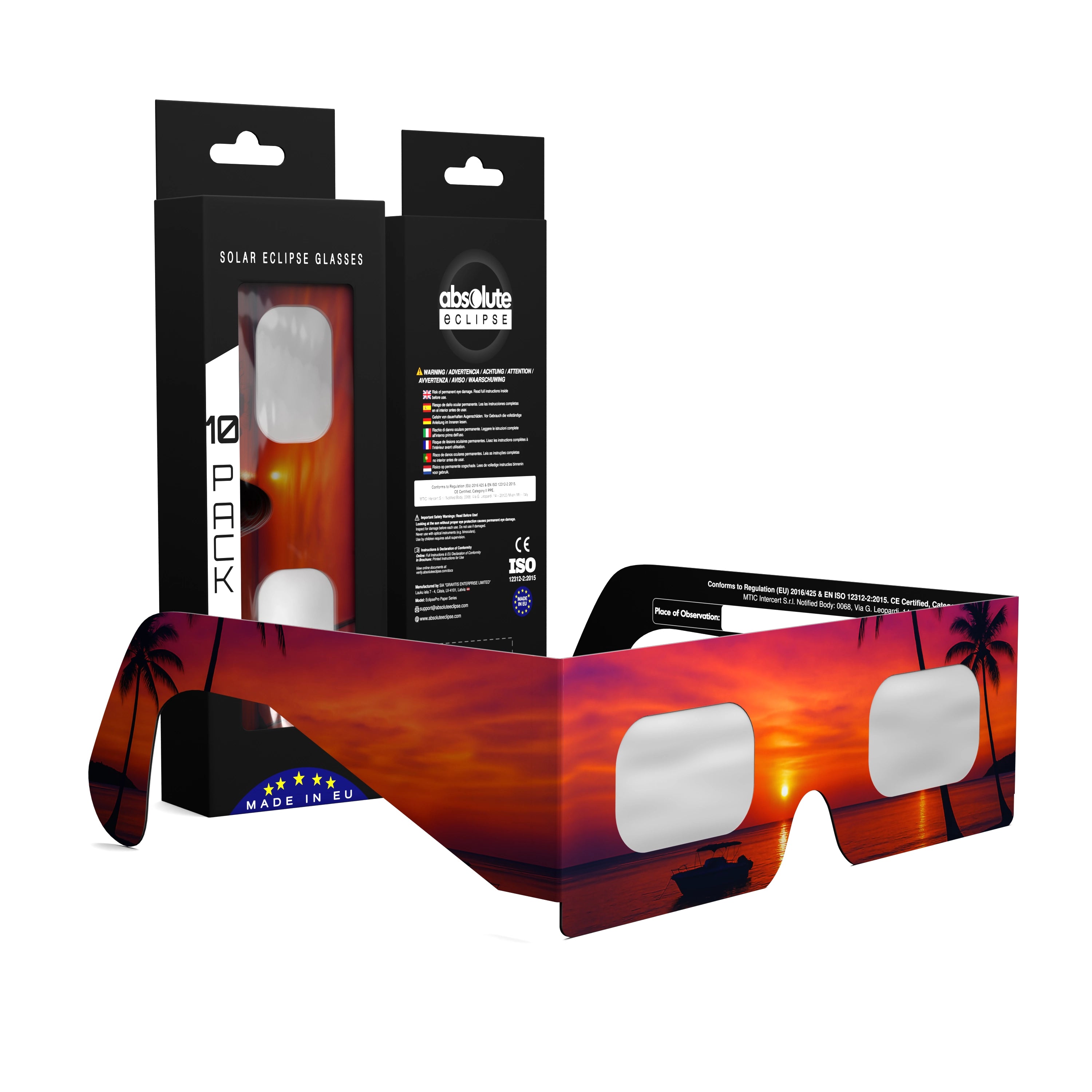Solar Eclipse Glasses with Palms design, CE Certified and ISO Compliant - Packaging Image of 10-Pack