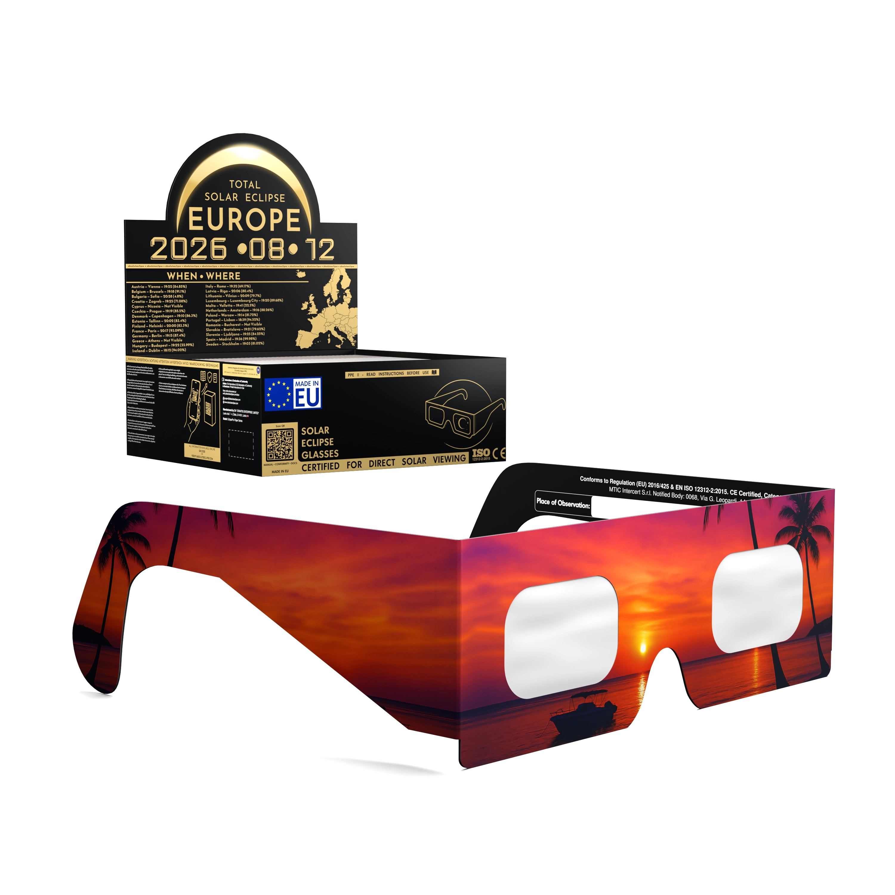Solar Eclipse Glasses with Palms design, CE Certified and ISO Compliant - Packaging Image of 50-Pack
