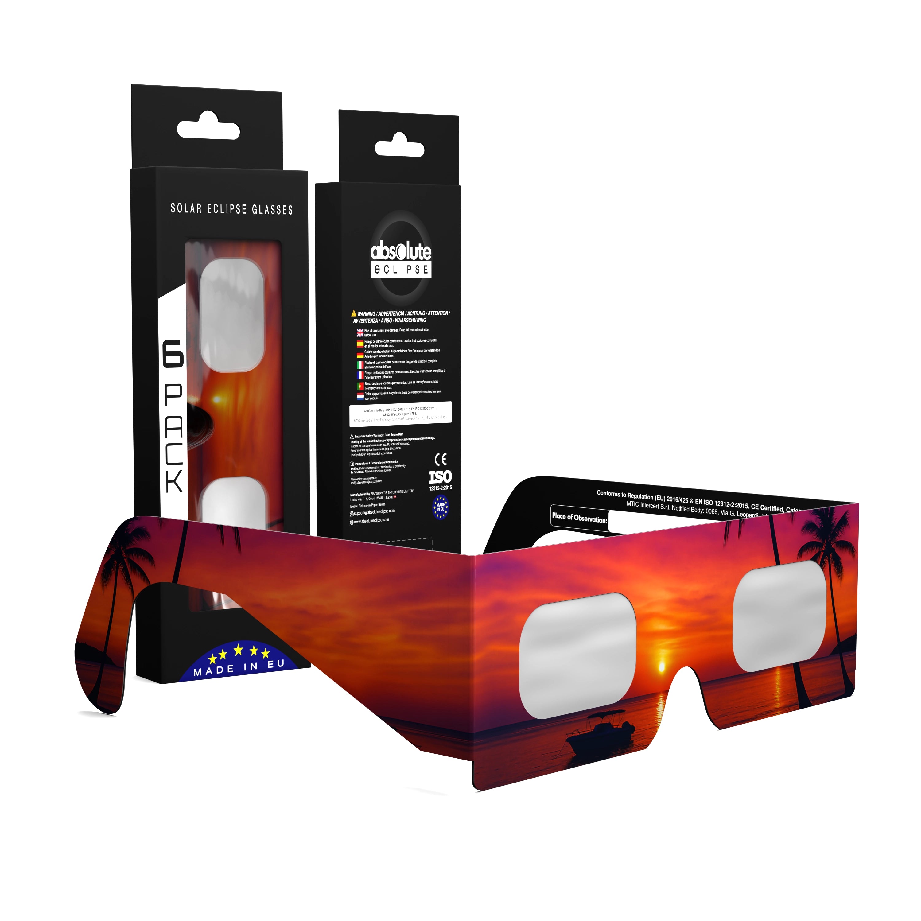 Solar Eclipse Glasses with Palms design, CE Certified and ISO Compliant - Packaging Image of 6-Pack