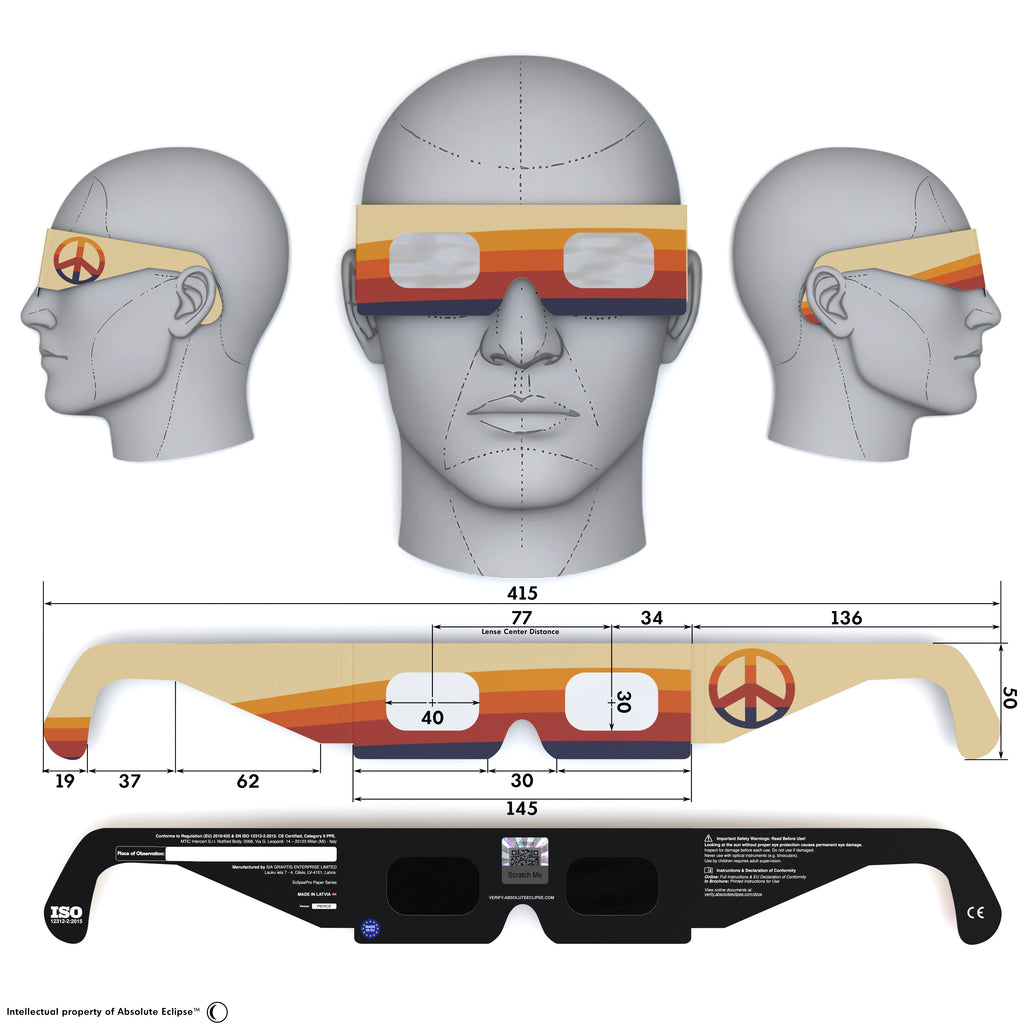 Solar Eclipse Glasses with Peace design, CE Certified and ISO Compliant - Back and Front View