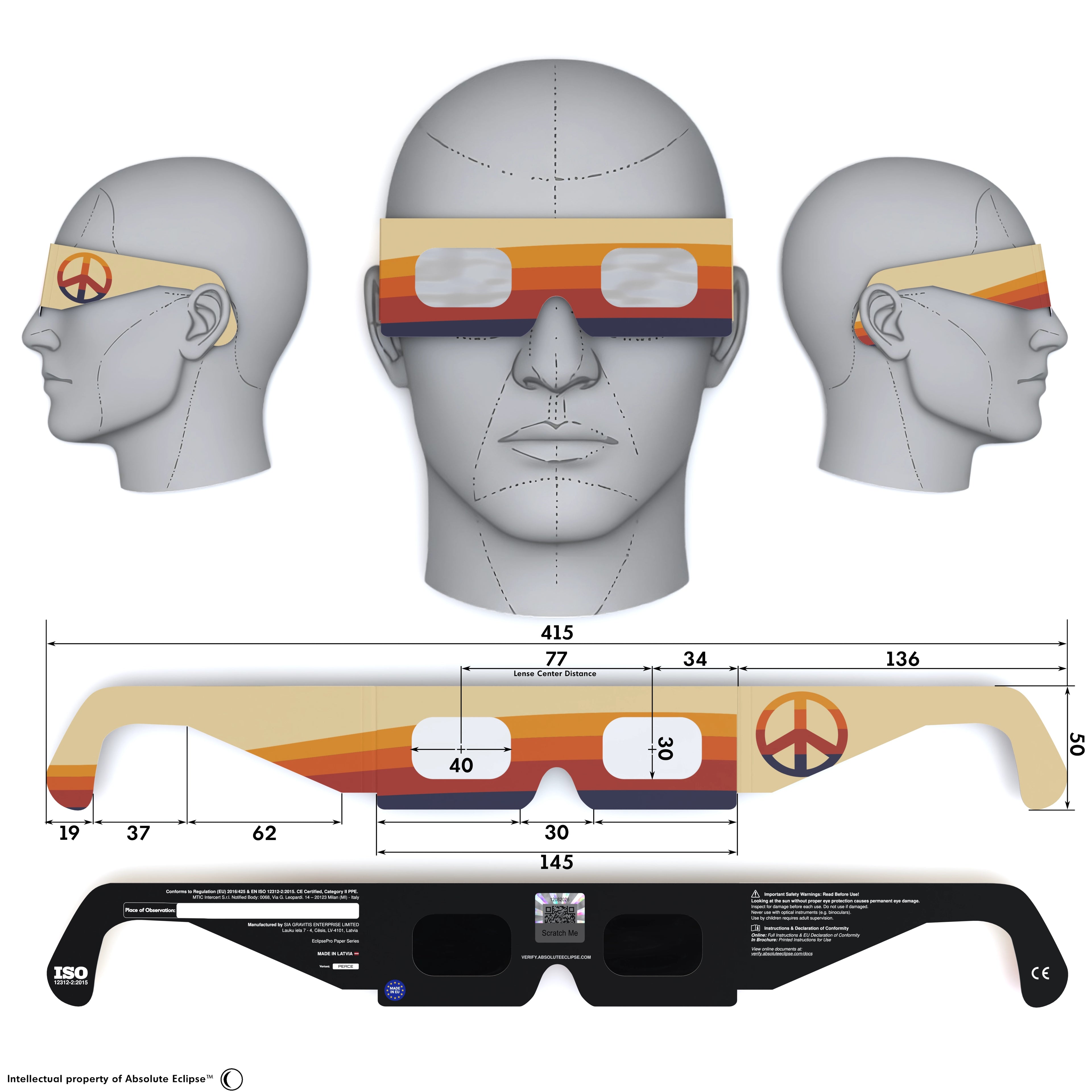 Solar Eclipse Glasses with Peace design, CE Certified and ISO Compliant - Back and Front View