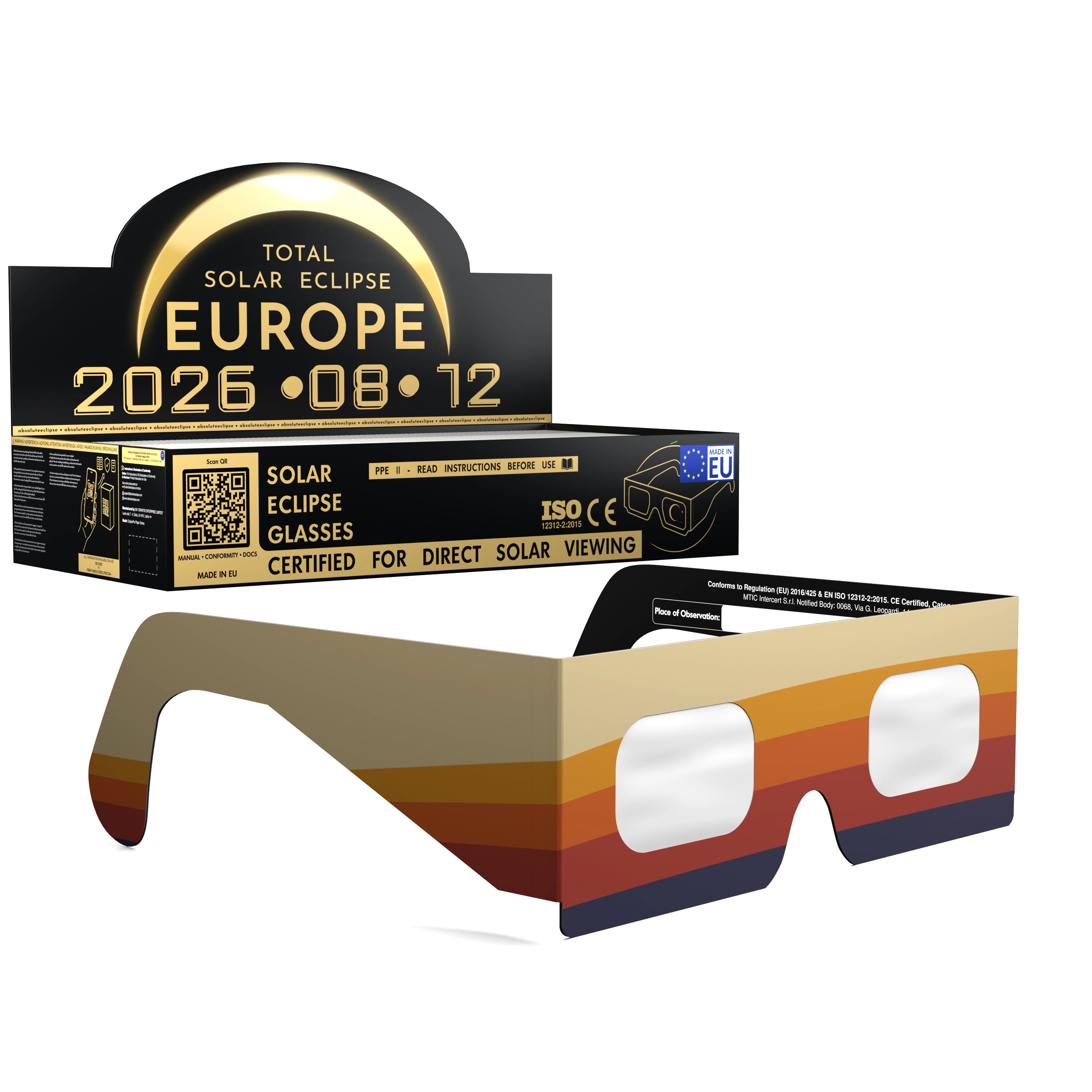 Solar Eclipse Glasses with Peace design, CE Certified and ISO Compliant - Packaging Image of 100-Pack