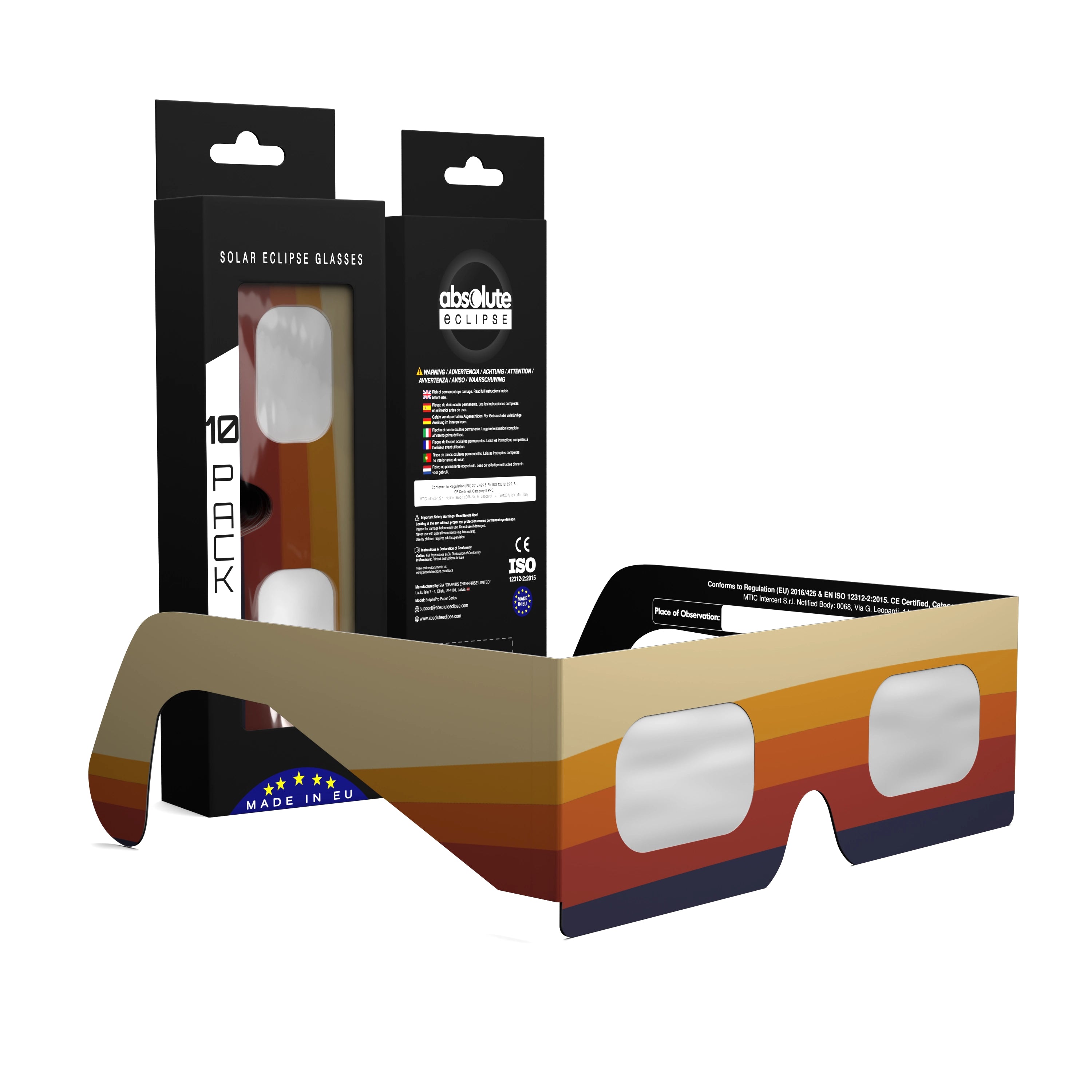 Solar Eclipse Glasses with Peace design, CE Certified and ISO Compliant - Packaging Image of 10-Pack