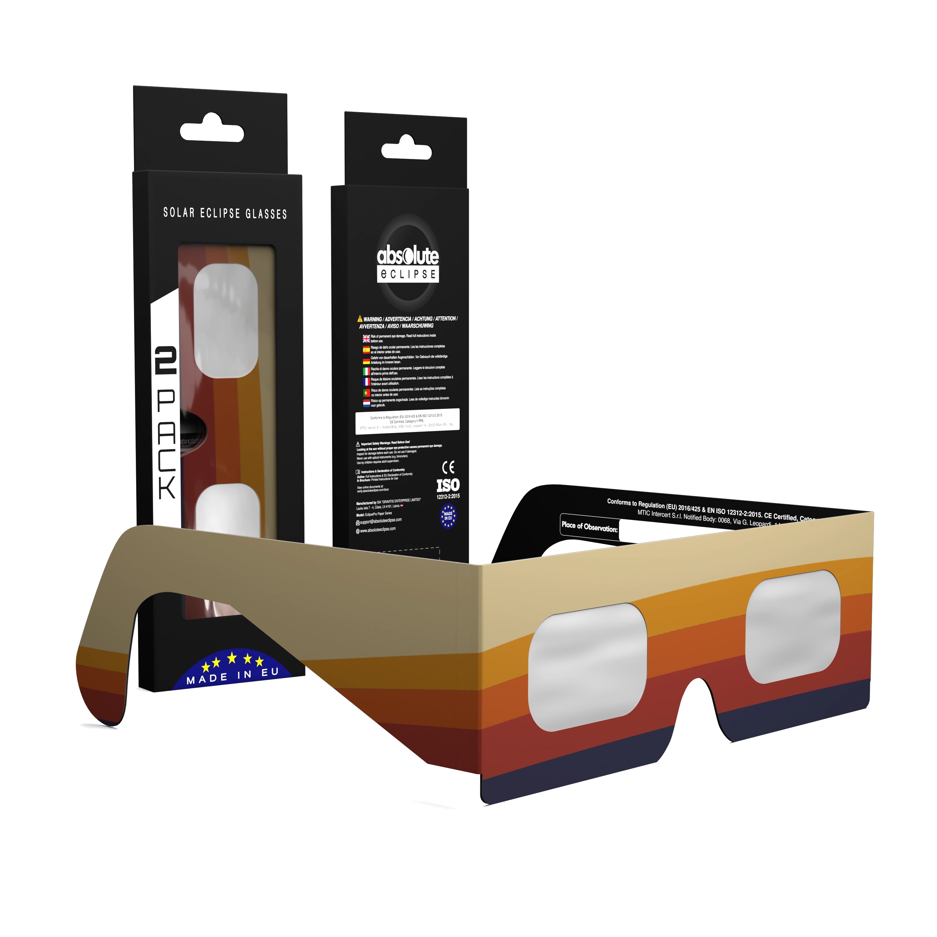 Solar Eclipse Glasses with Peace design, CE Certified and ISO Compliant - Packaging Image of 2-Pack