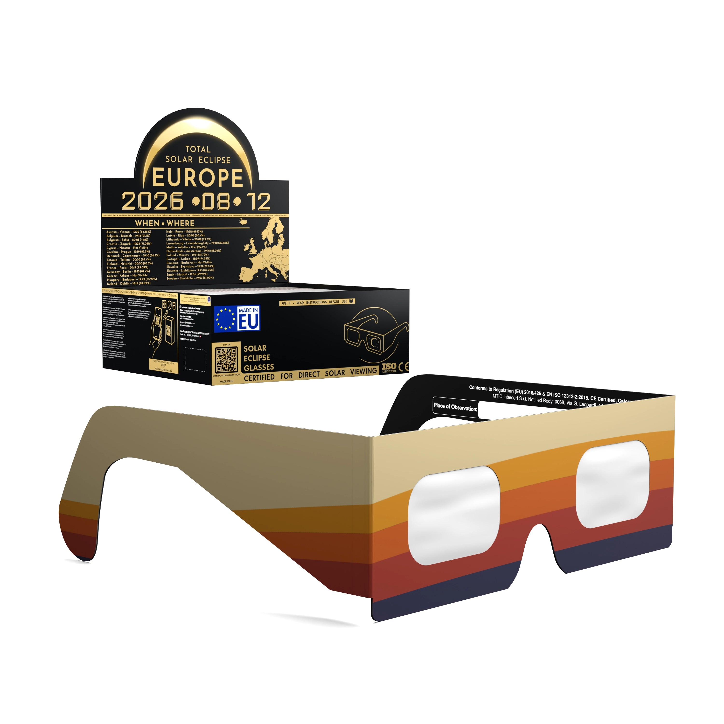 Solar Eclipse Glasses with Peace design, CE Certified and ISO Compliant - Packaging Image of 50-Pack