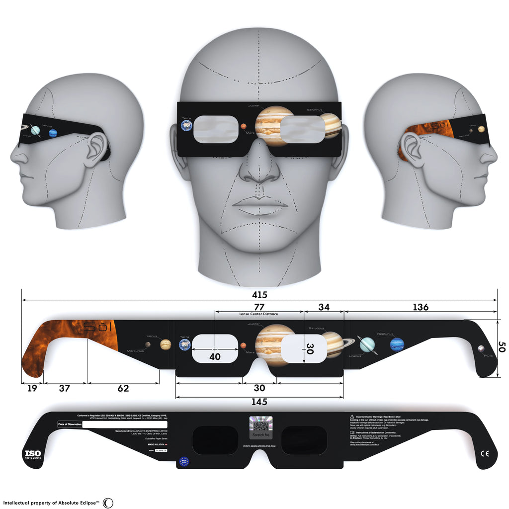 Solar Eclipse Glasses with Planets design, CE Certified and ISO Compliant - Back and Front View