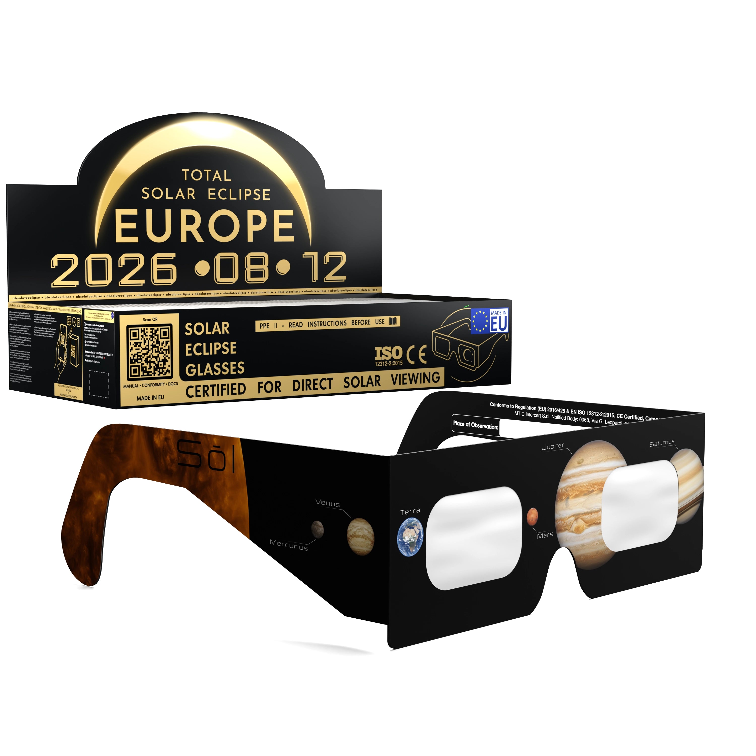 Solar Eclipse Glasses with Planets design, CE Certified and ISO Compliant - Packaging Image of 100-Pack
