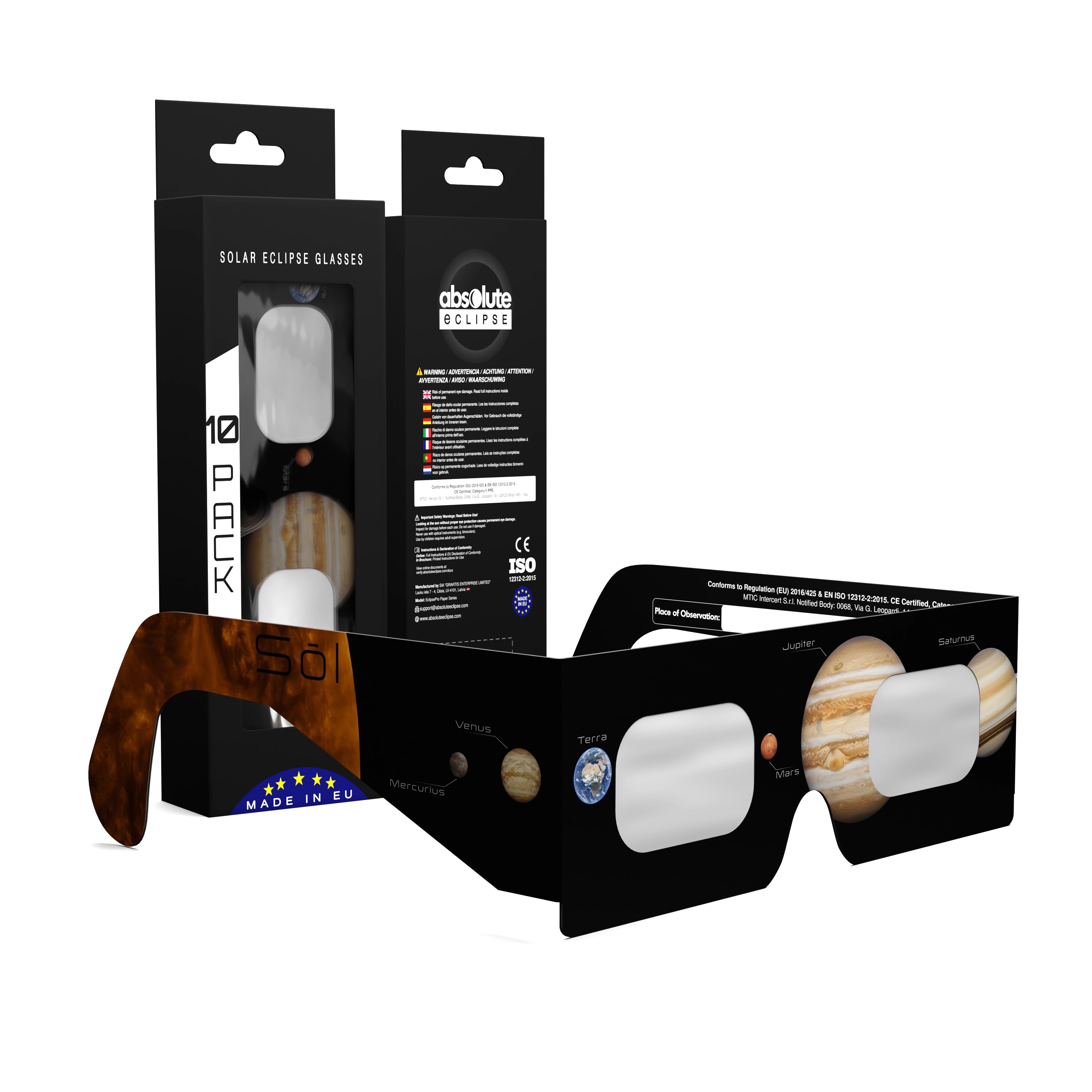 Solar Eclipse Glasses with Planets design, CE Certified and ISO Compliant - Packaging Image of 10-Pack