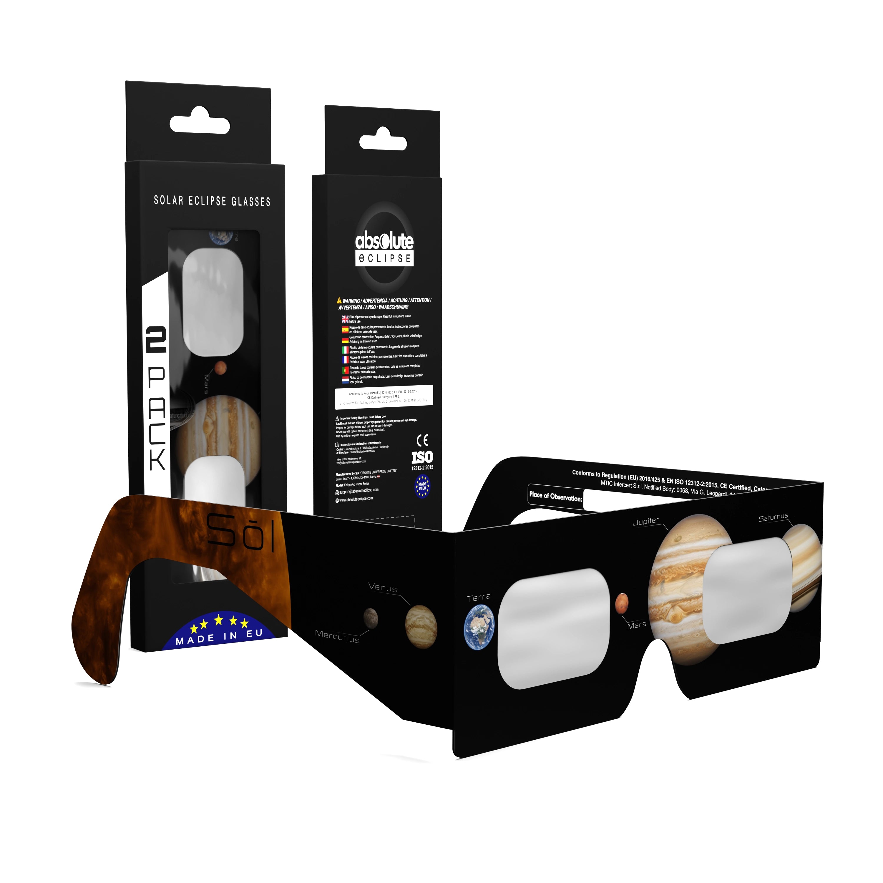 Solar Eclipse Glasses with Planets design, CE Certified and ISO Compliant - Packaging Image of 2-Pack