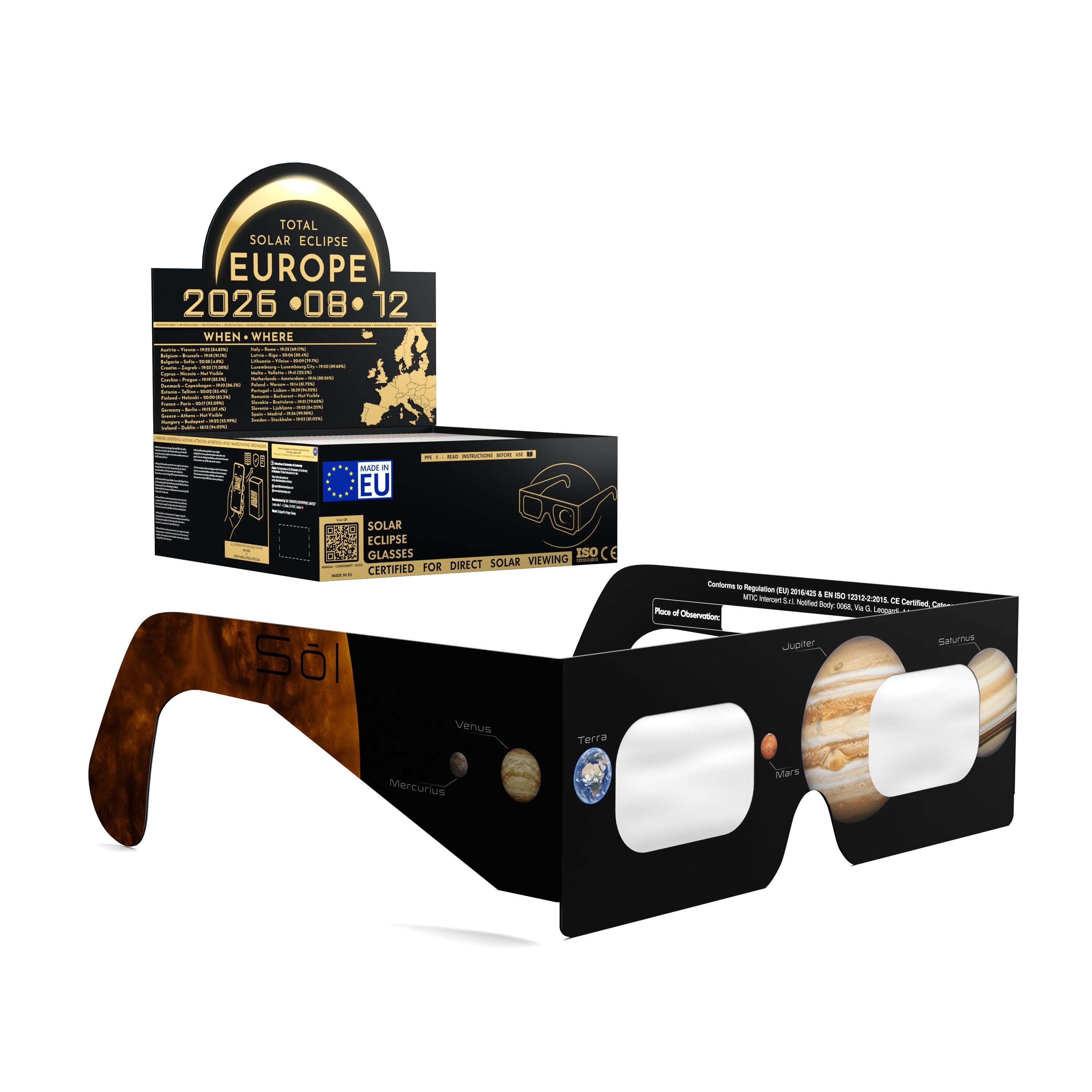 Solar Eclipse Glasses with Planets design, CE Certified and ISO Compliant - Packaging Image of 50-Pack