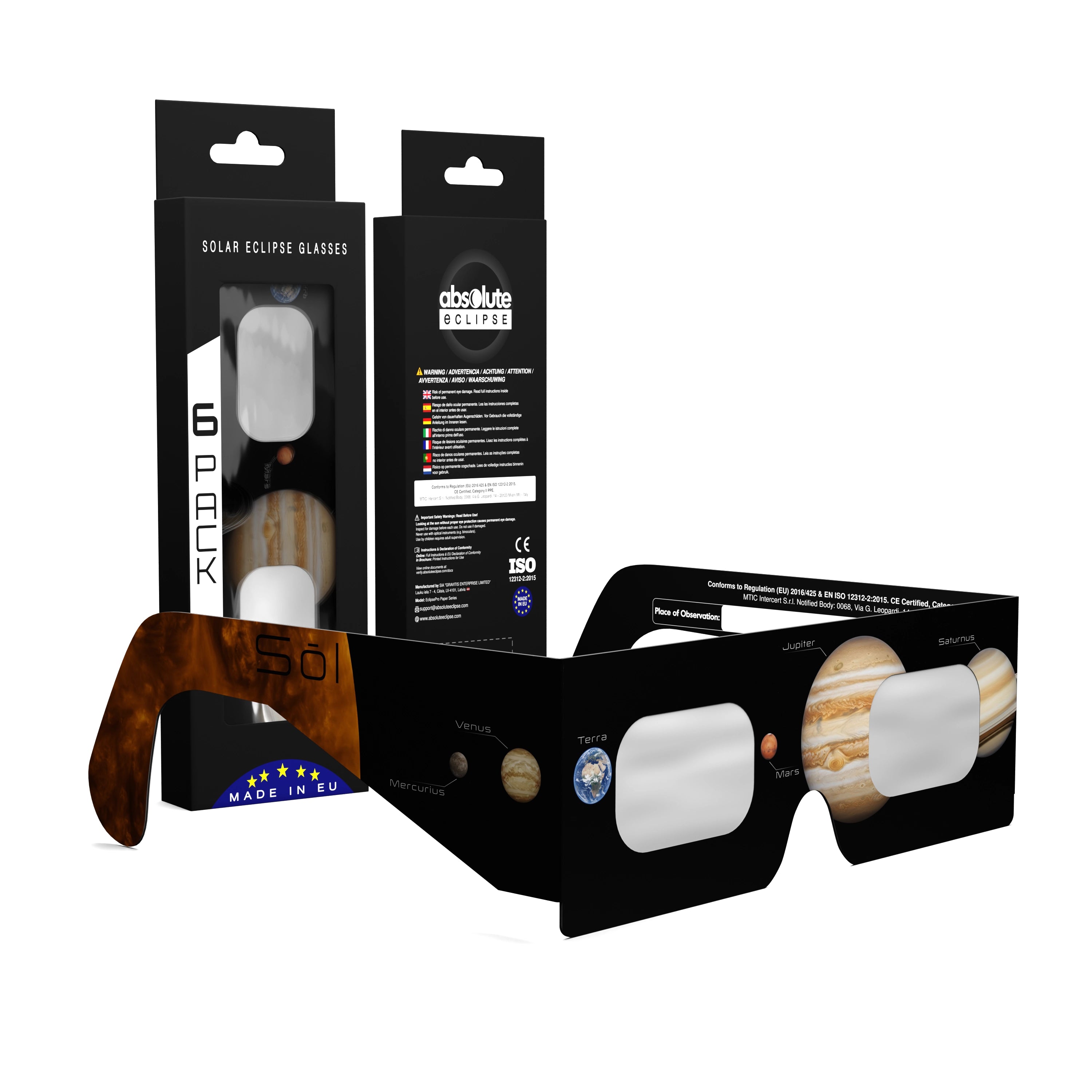 Solar Eclipse Glasses with Planets design, CE Certified and ISO Compliant - Packaging Image of 6-Pack