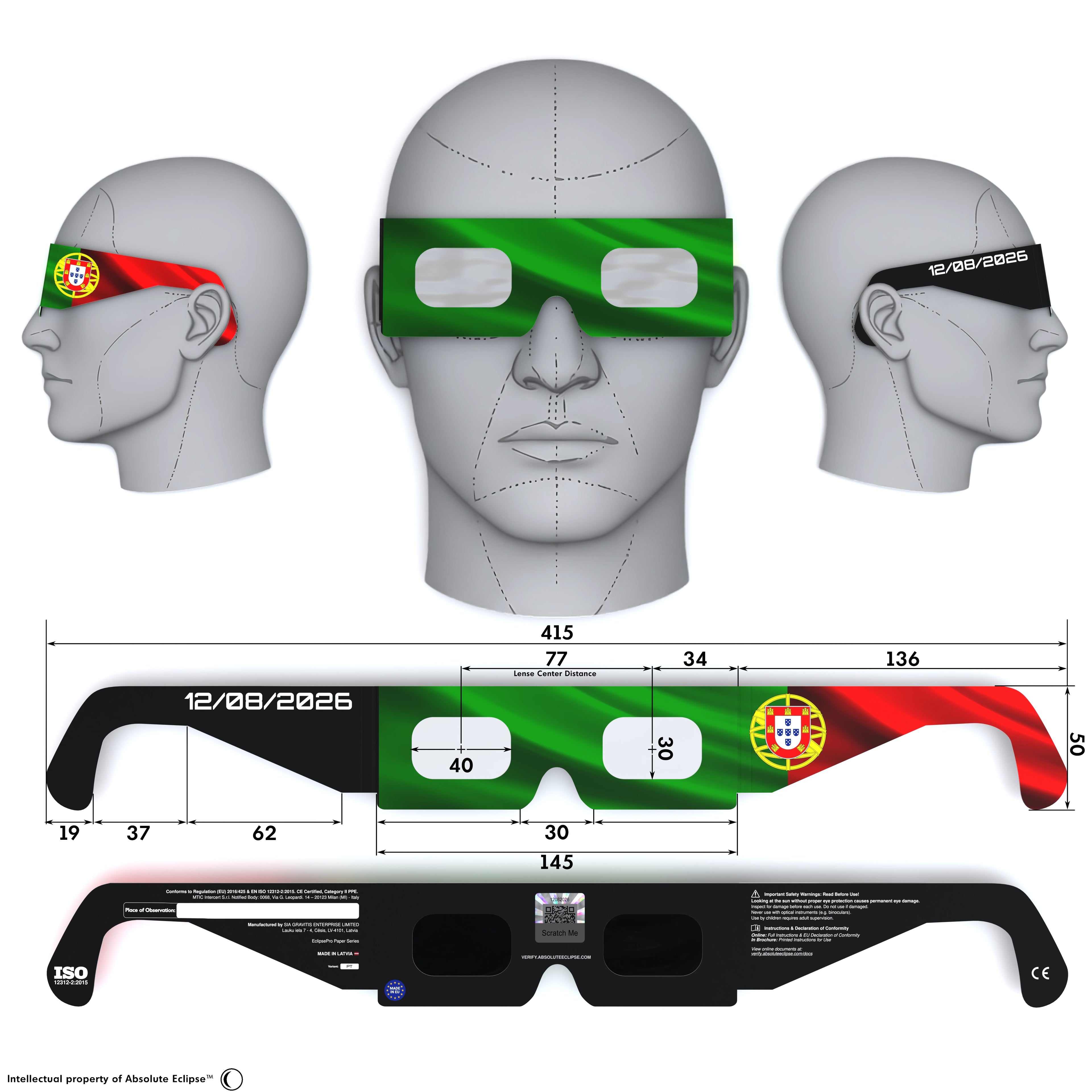 Solar Eclipse Glasses with PT design, CE Certified and ISO Compliant - Back and Front View