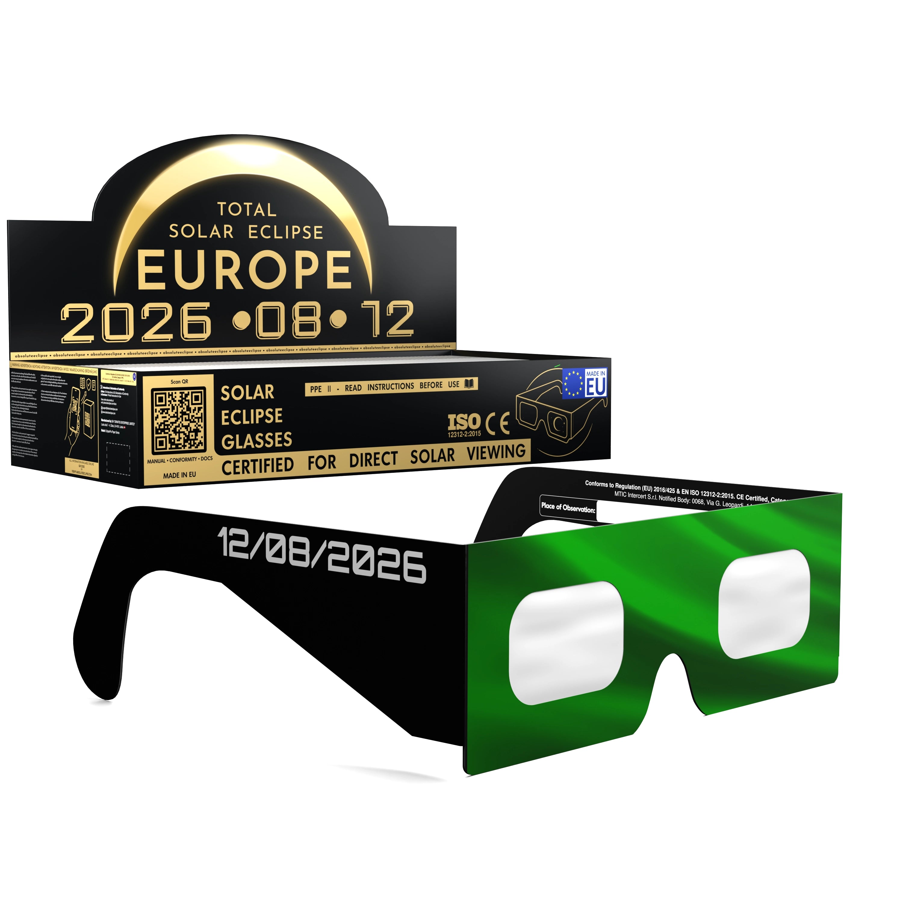 Solar Eclipse Glasses with PT design, CE Certified and ISO Compliant - Packaging Image of 100-Pack