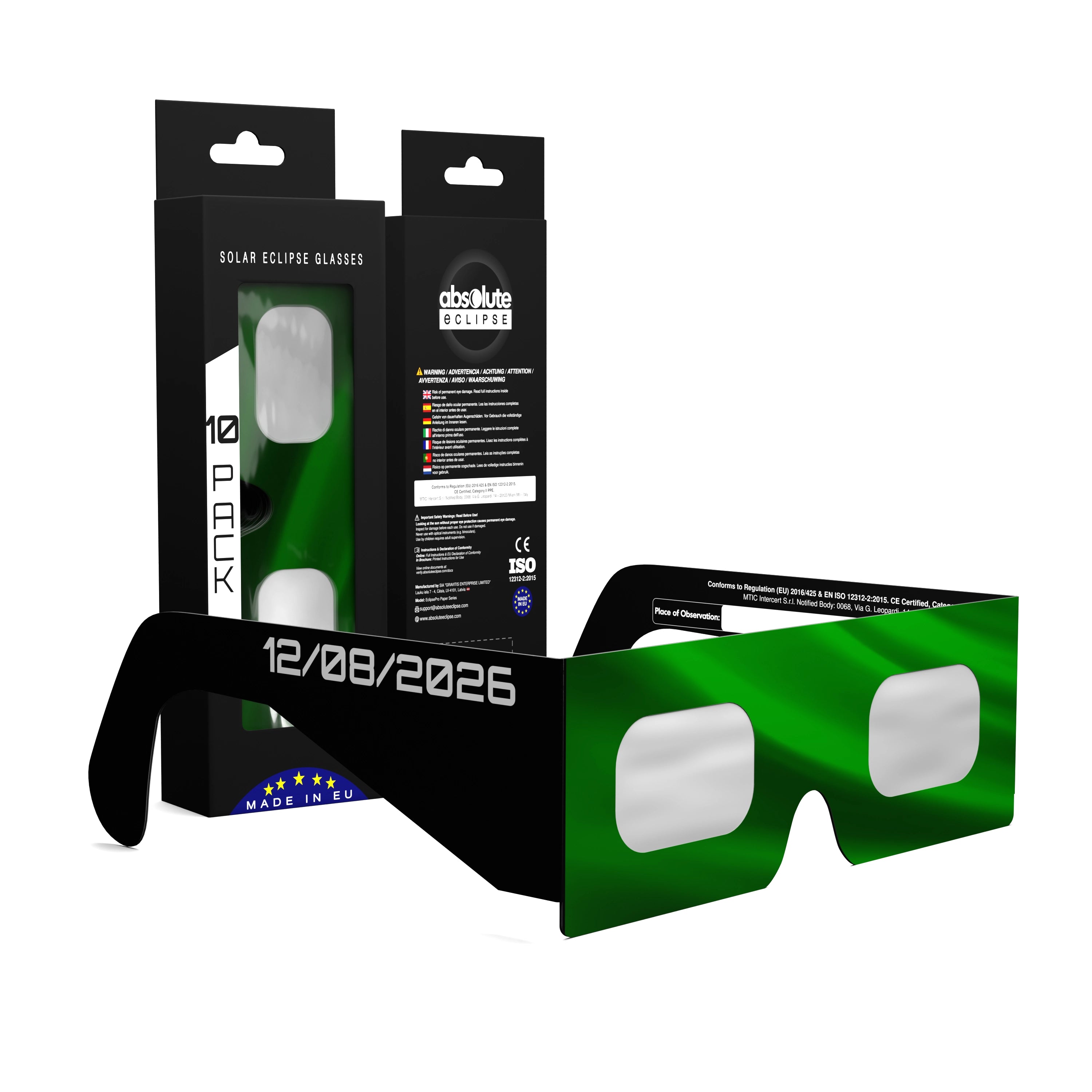 Solar Eclipse Glasses with PT design, CE Certified and ISO Compliant - Packaging Image of 10-Pack